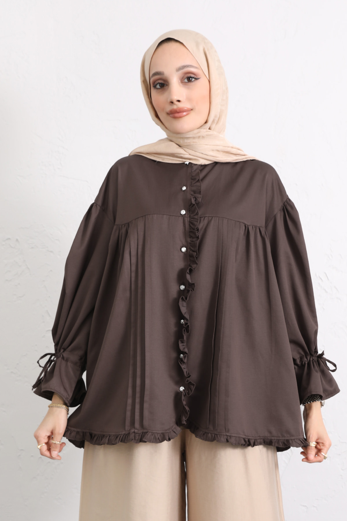 Kol Büzgülü Fırfırlı Gömlek Y0093 - KAHVERENGİ |  