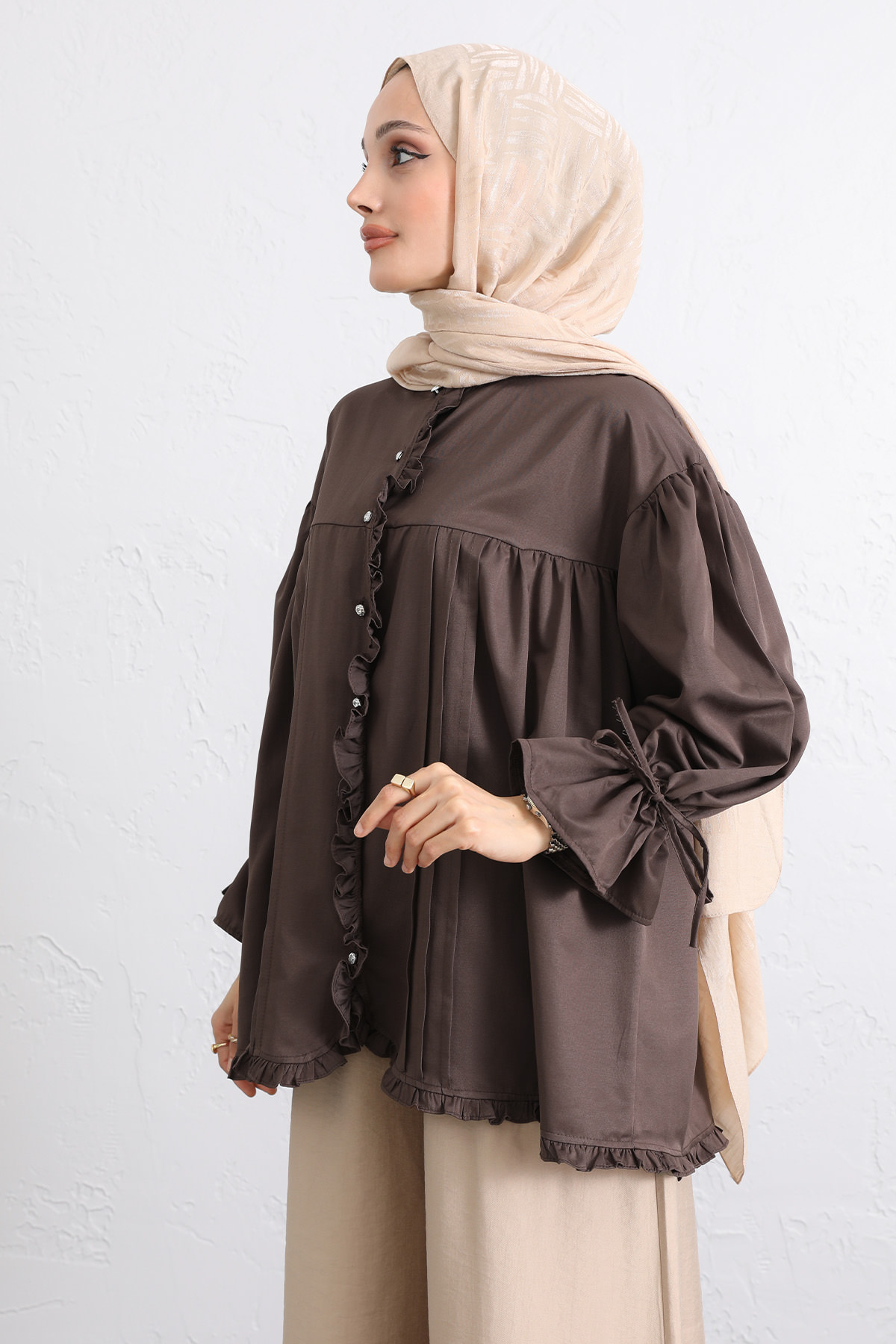 Kol Büzgülü Fırfırlı Gömlek Y0093 - KAHVERENGİ |  