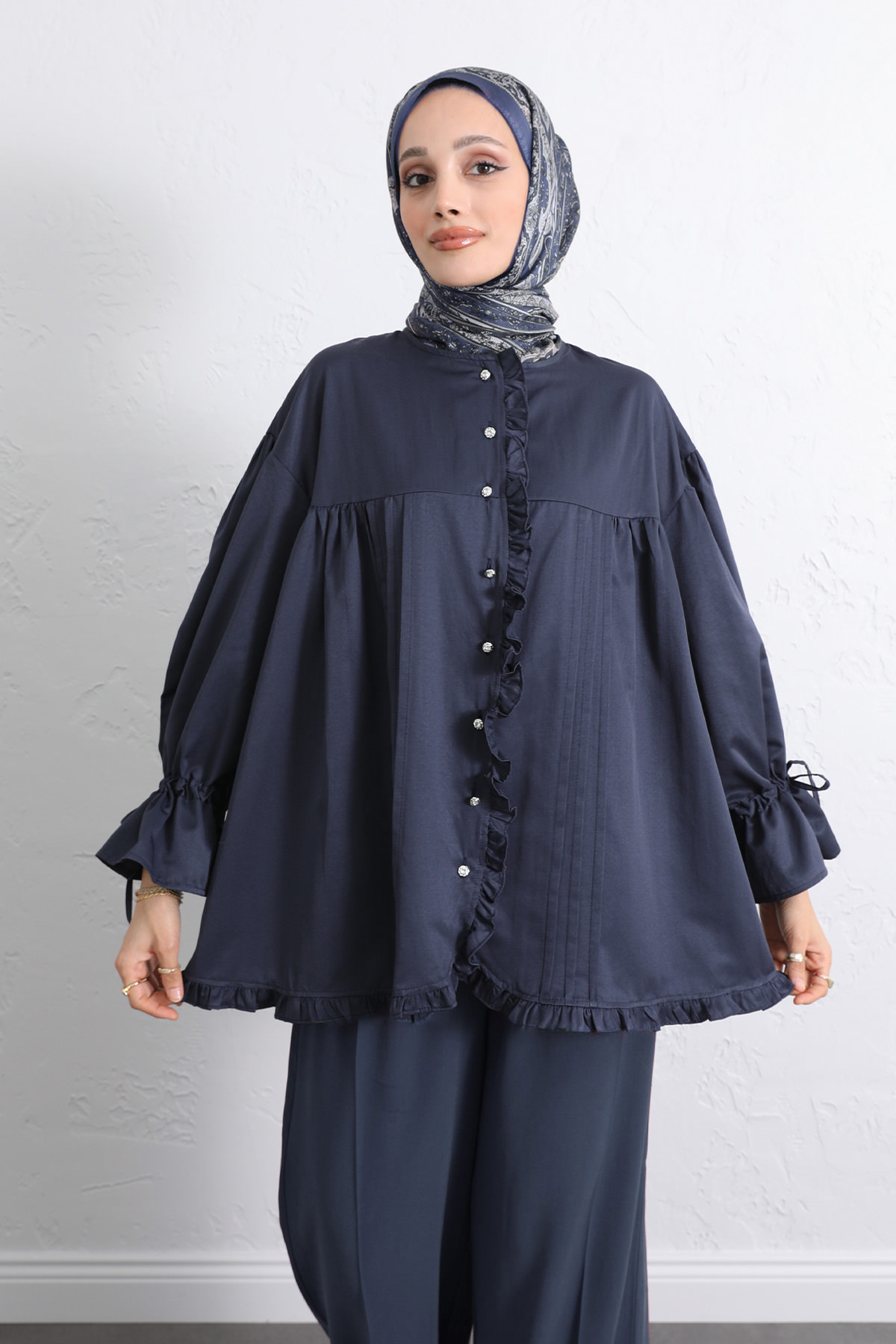 Kol Büzgülü Fırfırlı Gömlek Y0093 - LACİVERT |  