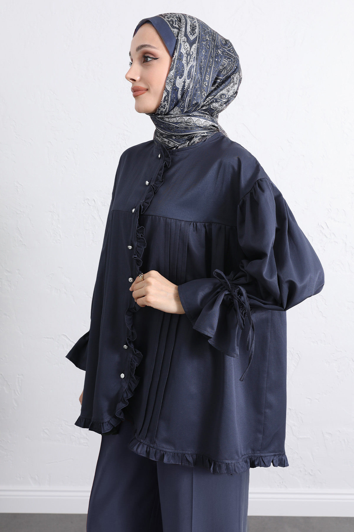 Kol Büzgülü Fırfırlı Gömlek Y0093 - LACİVERT |  