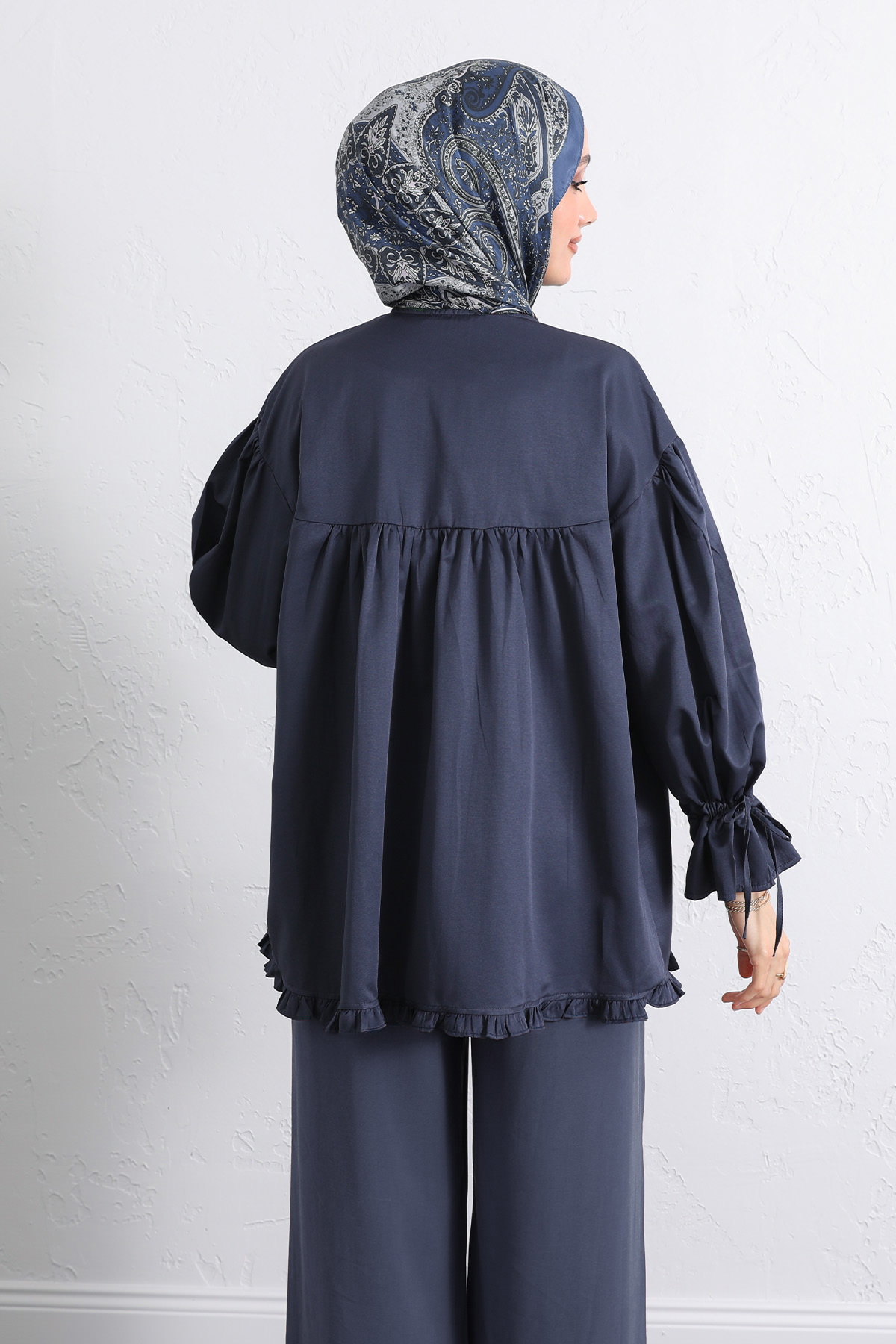 Kol Büzgülü Fırfırlı Gömlek Y0093 - LACİVERT |  