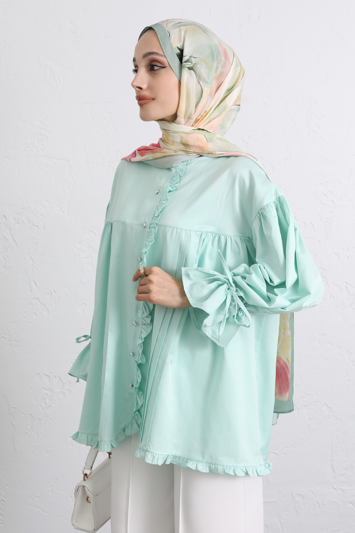 Kol Büzgülü Fırfırlı Gömlek Y0093 - MİNT YEŞİLİ |  