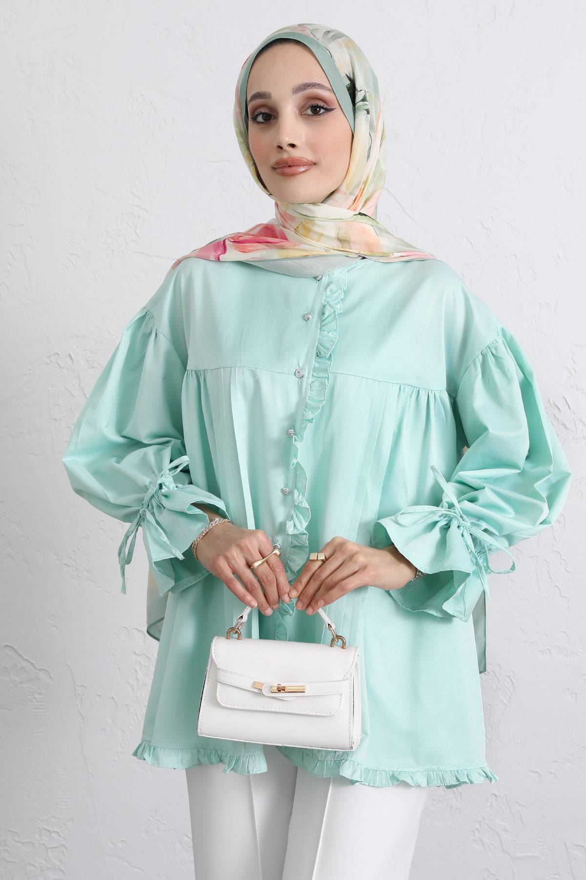 Kol Büzgülü Fırfırlı Gömlek Y0093 - MİNT YEŞİLİ |  