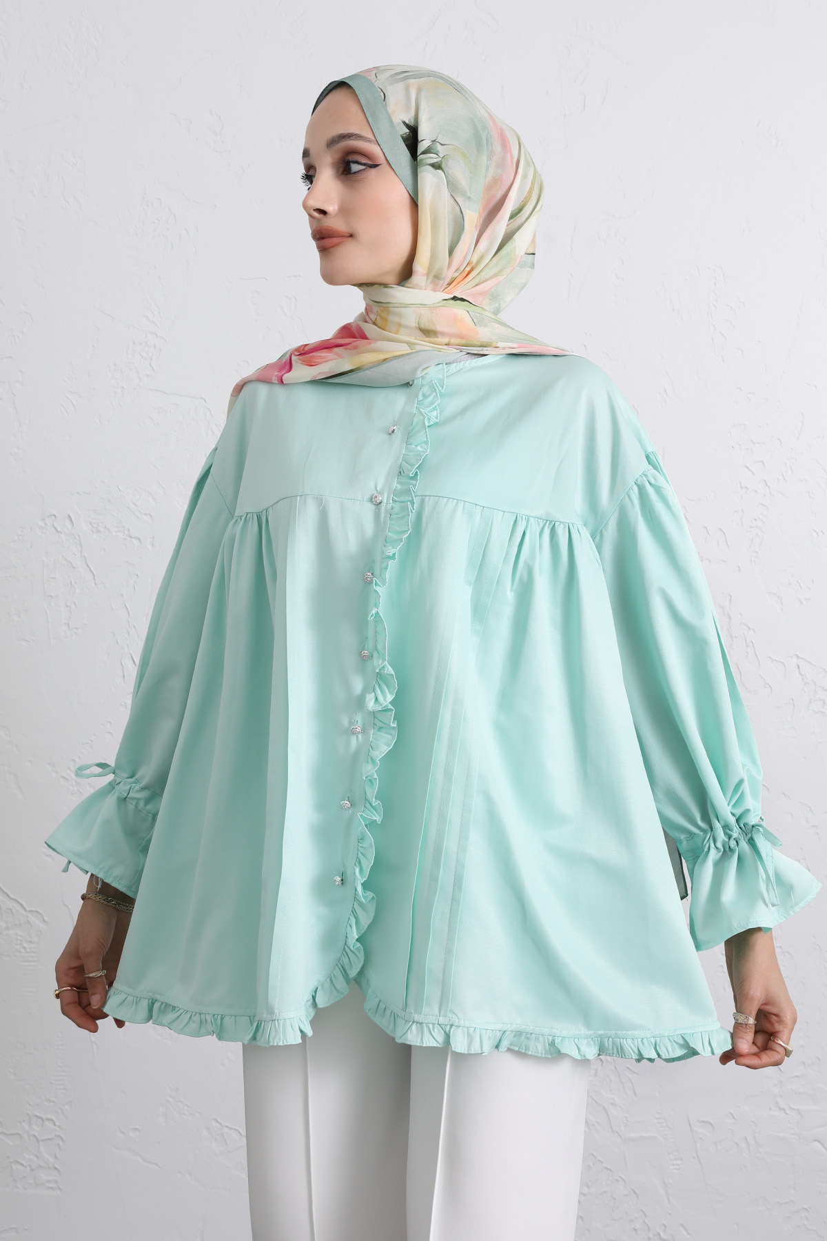 Kol Büzgülü Fırfırlı Gömlek Y0093 - MİNT YEŞİLİ |  