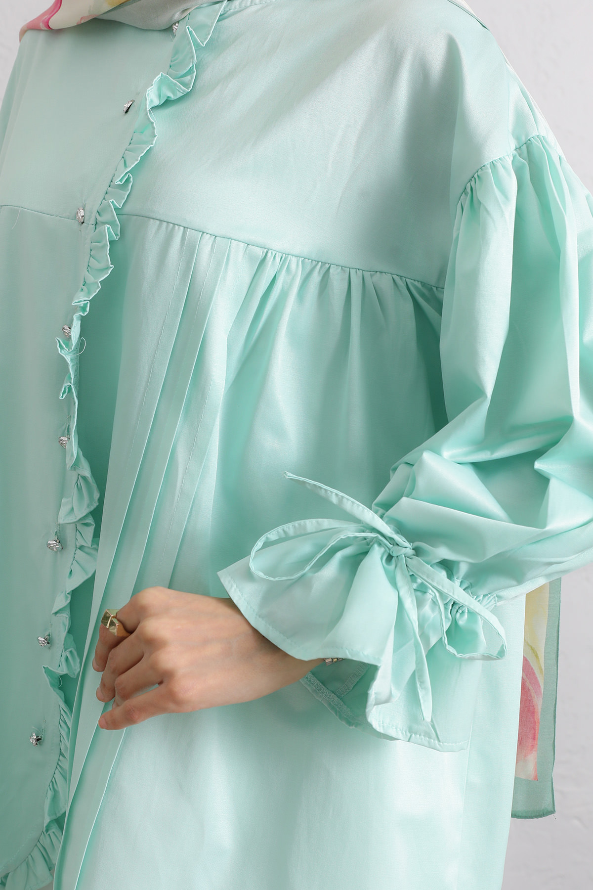 Kol Büzgülü Fırfırlı Gömlek Y0093 - MİNT YEŞİLİ |  