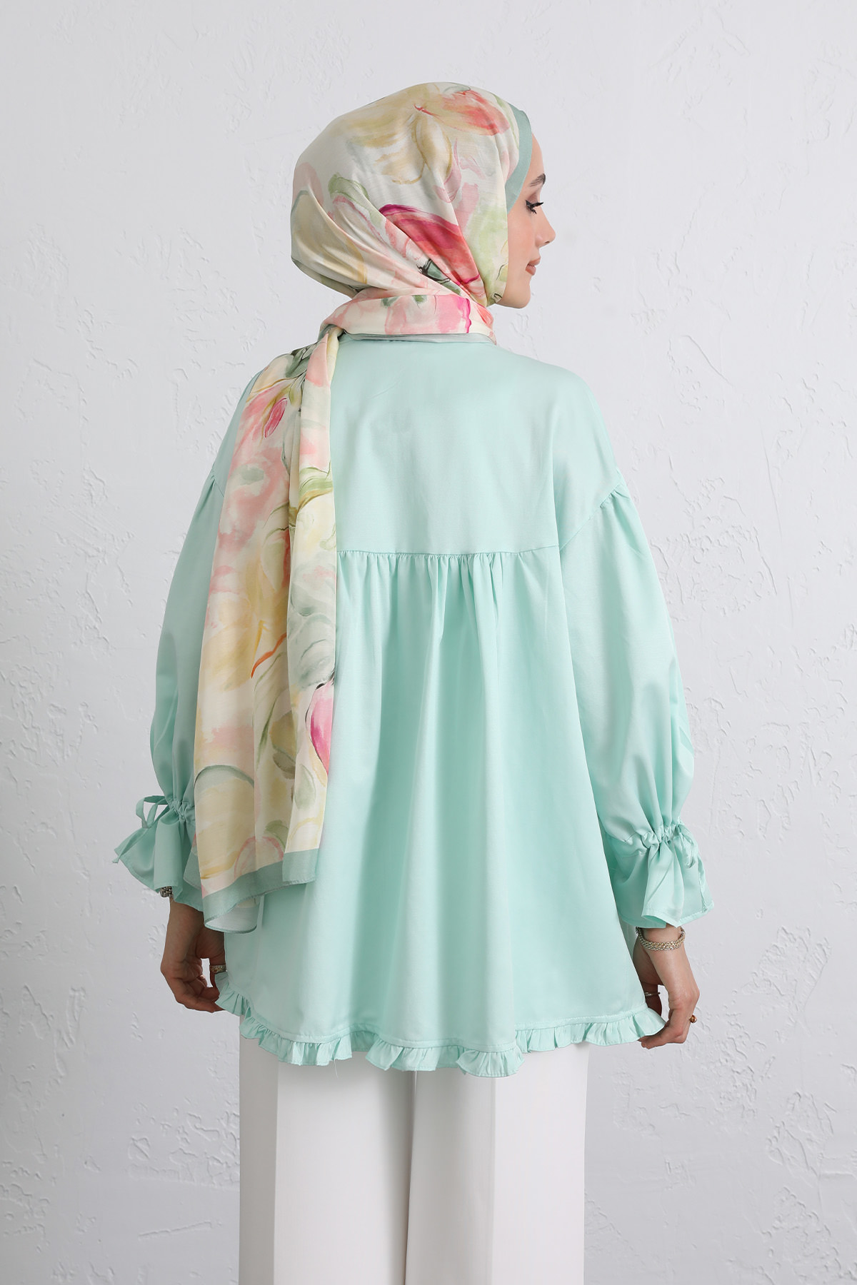 Kol Büzgülü Fırfırlı Gömlek Y0093 - MİNT YEŞİLİ |  