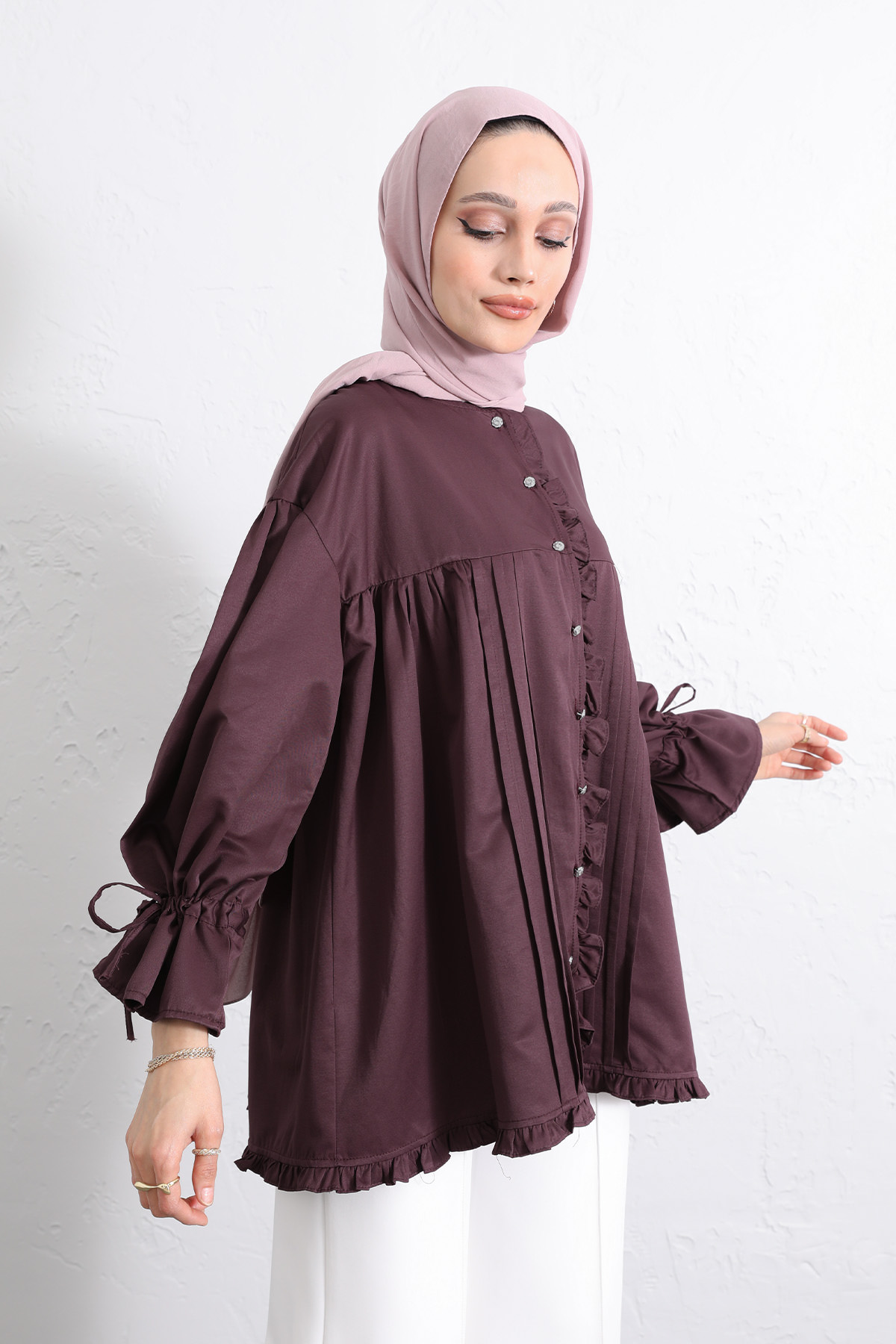 Kol Büzgülü Fırfırlı Gömlek Y0093 - MÜRDÜM |  