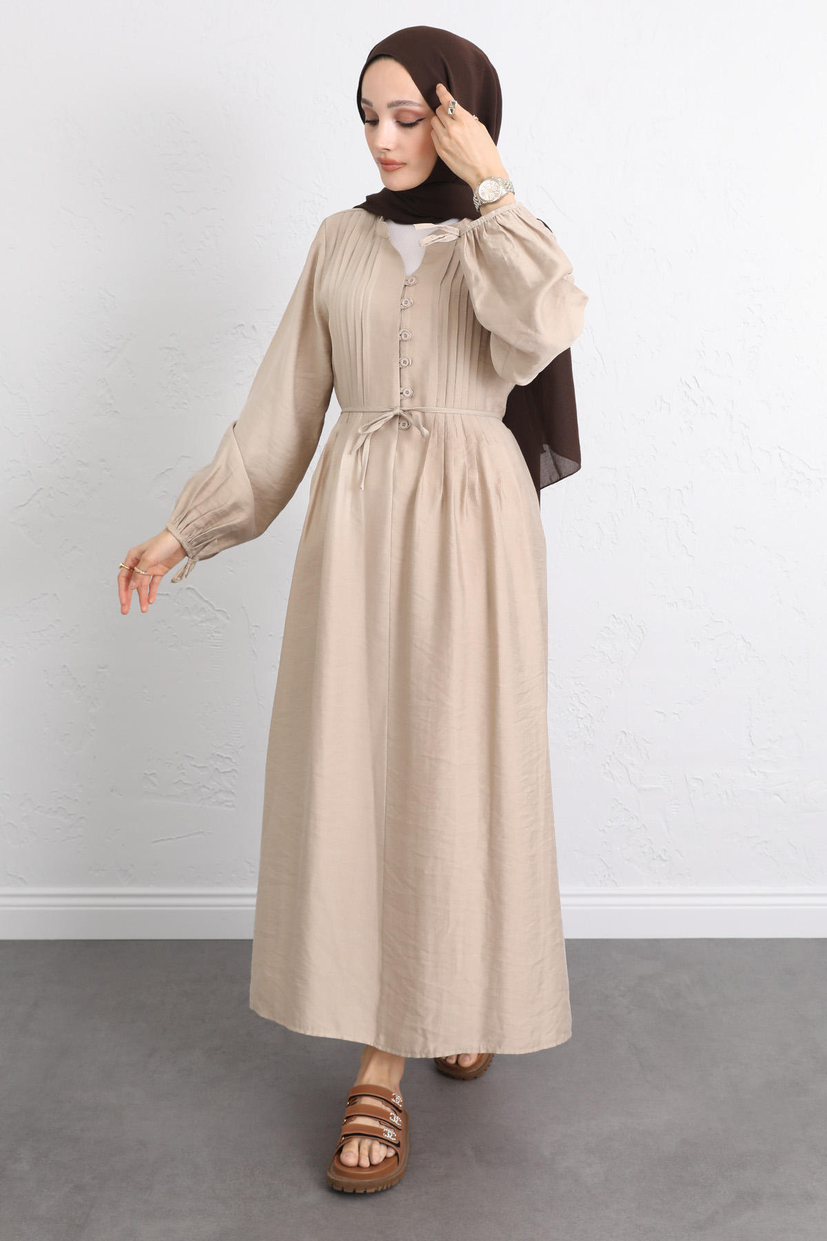 Önü Nervürlü Elbise Y0094 - BEJ |  