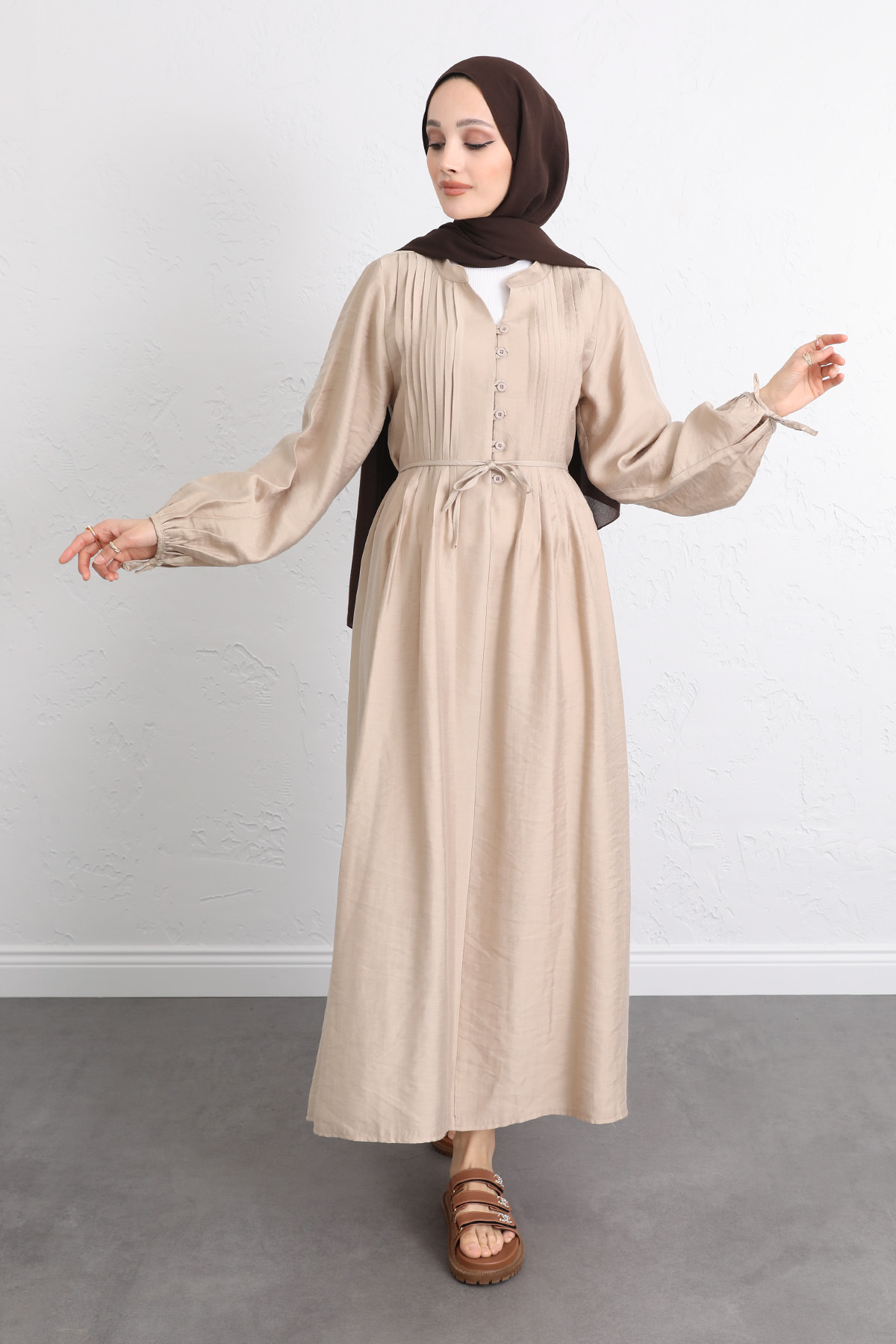 Önü Nervürlü Elbise Y0094 - BEJ |  