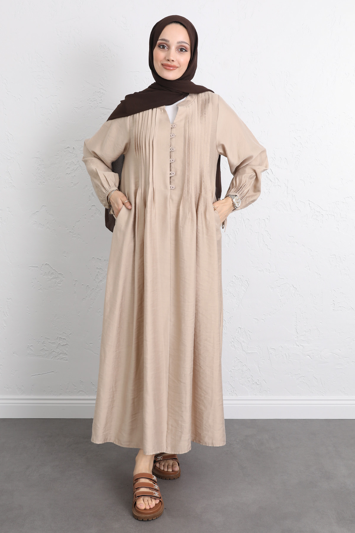 Önü Nervürlü Elbise Y0094 - BEJ |  