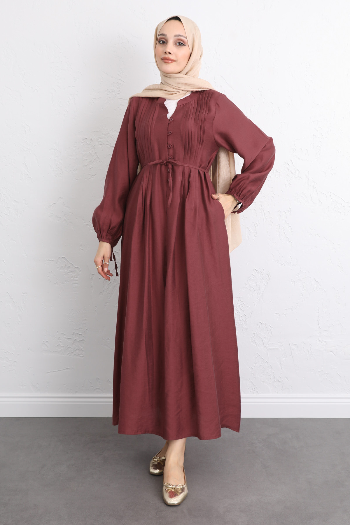 Önü Nervürlü Elbise Y0094 - BORDO |  