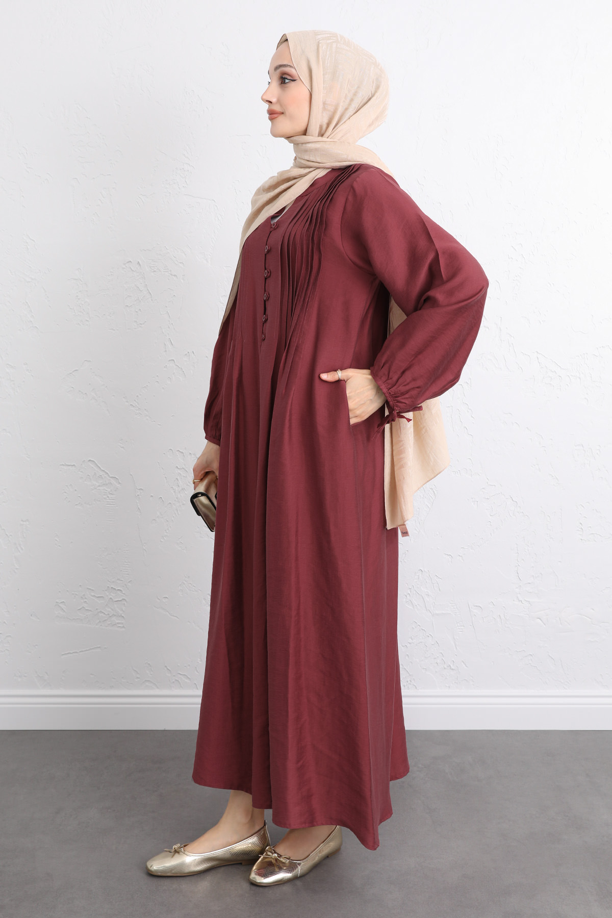 Önü Nervürlü Elbise Y0094 - BORDO |  