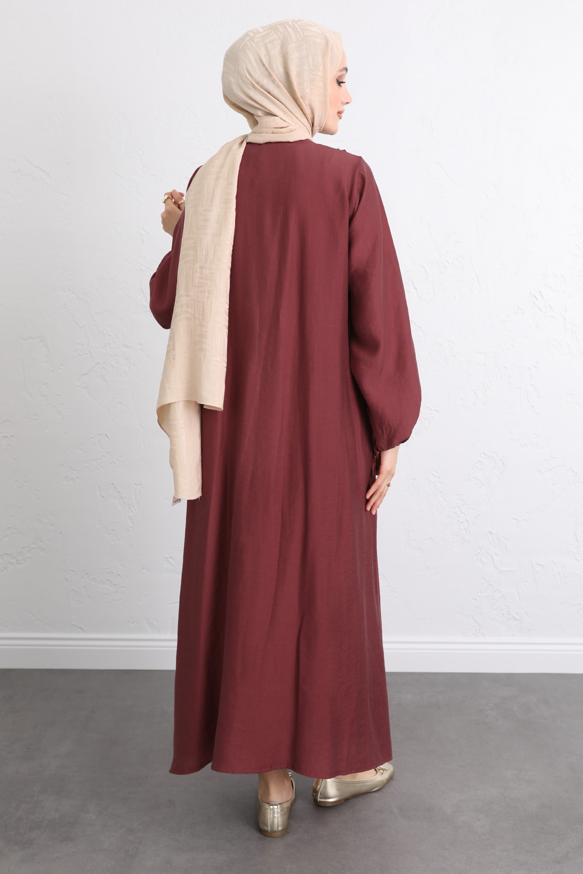 Önü Nervürlü Elbise Y0094 - BORDO |  
