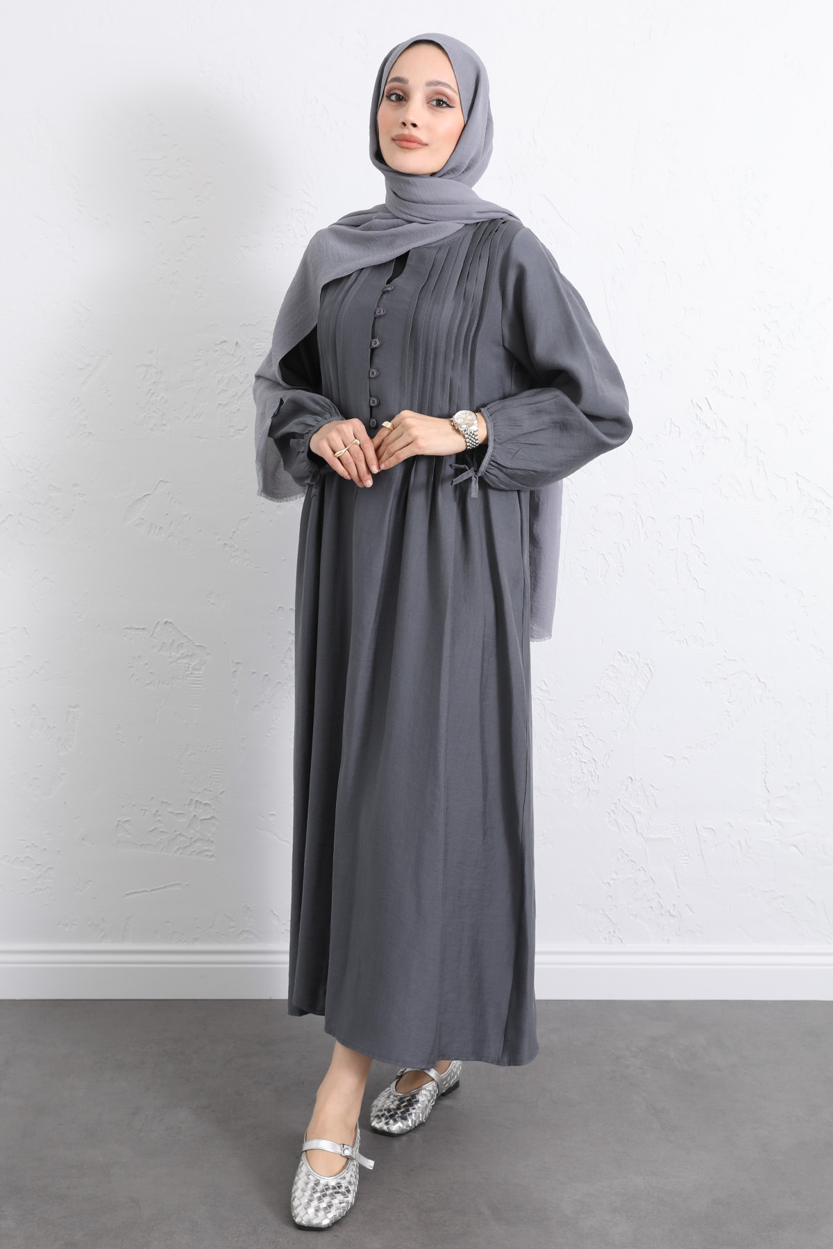 Önü Nervürlü Elbise Y0094 - FÜME |  