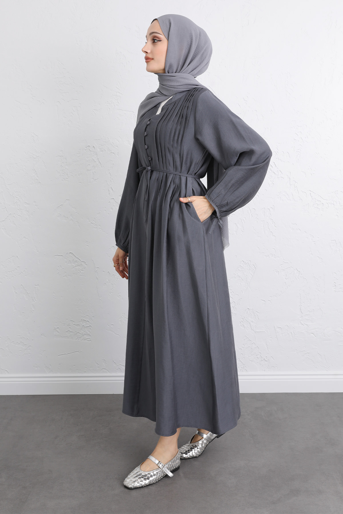 Önü Nervürlü Elbise Y0094 - FÜME |  