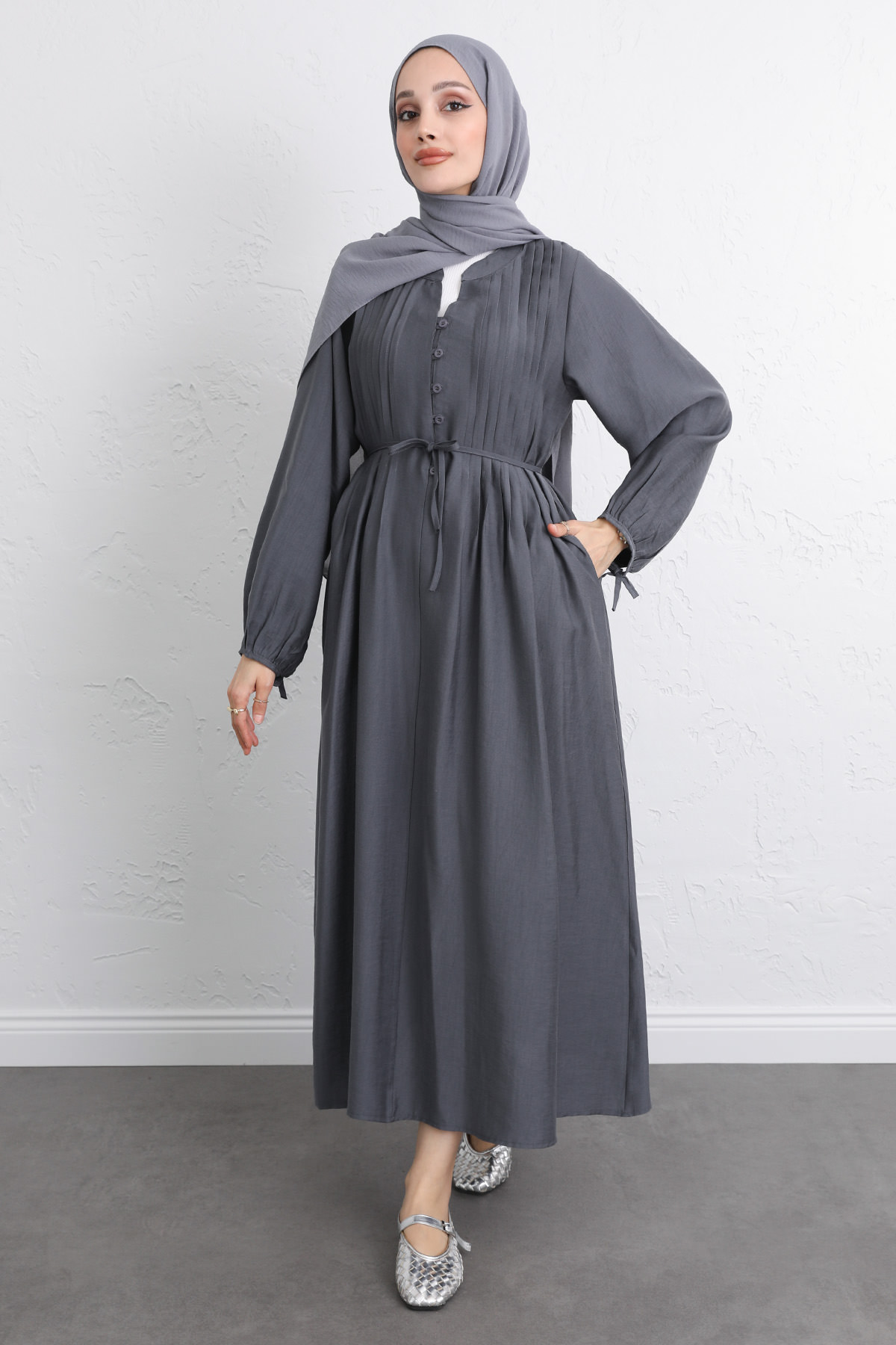 Önü Nervürlü Elbise Y0094 - FÜME |  