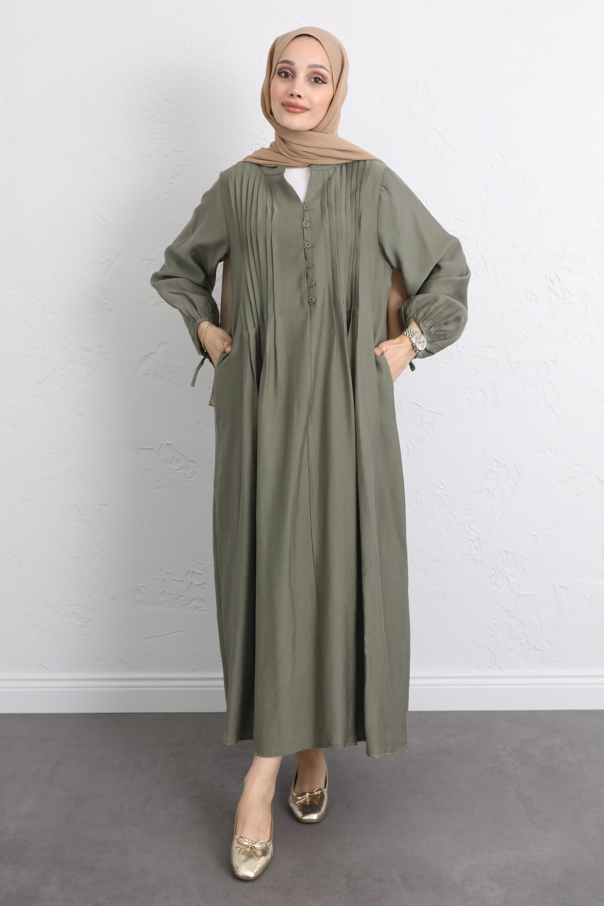 Önü Nervürlü Elbise Y0094 - HAKİ |  