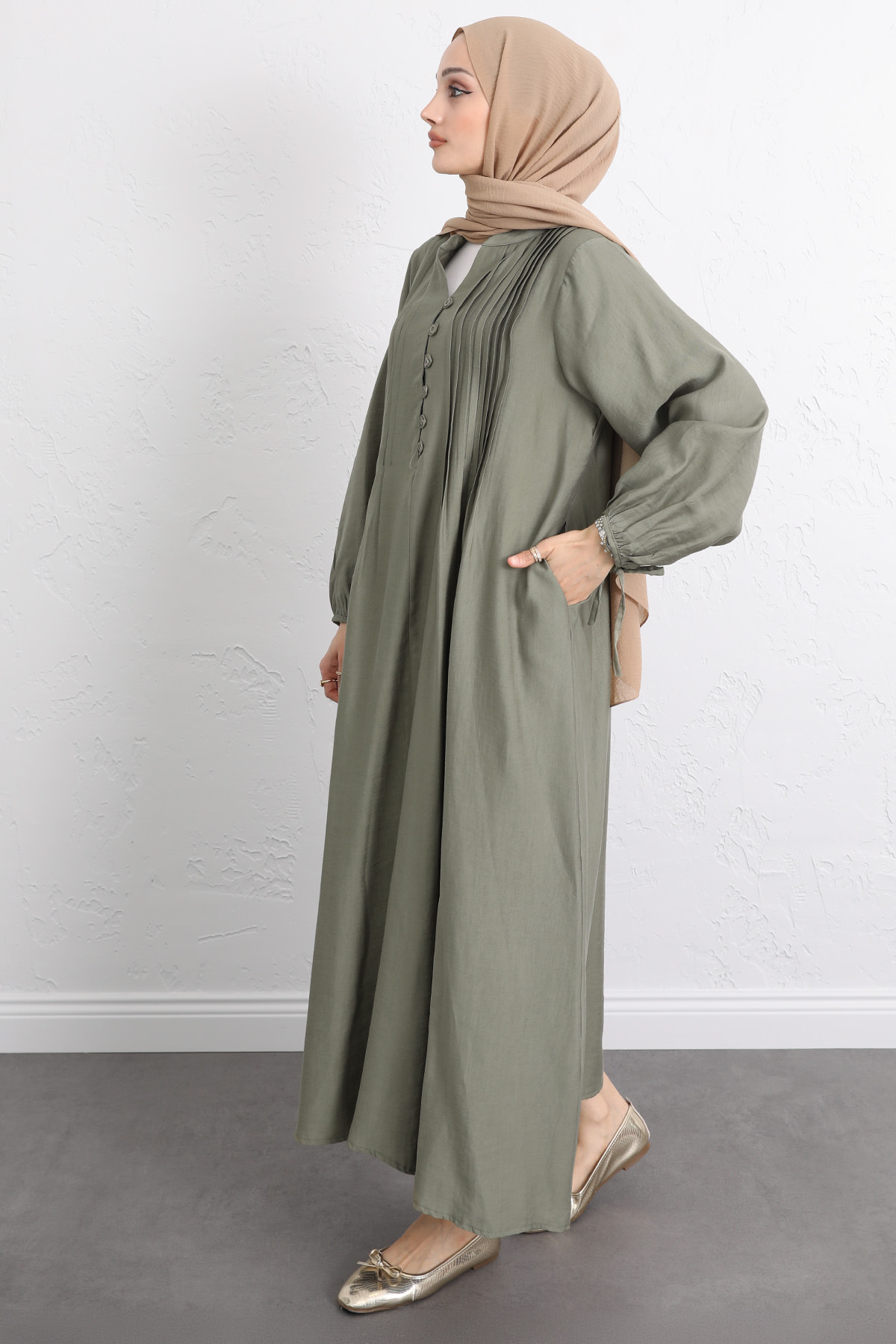 Önü Nervürlü Elbise Y0094 - HAKİ |  