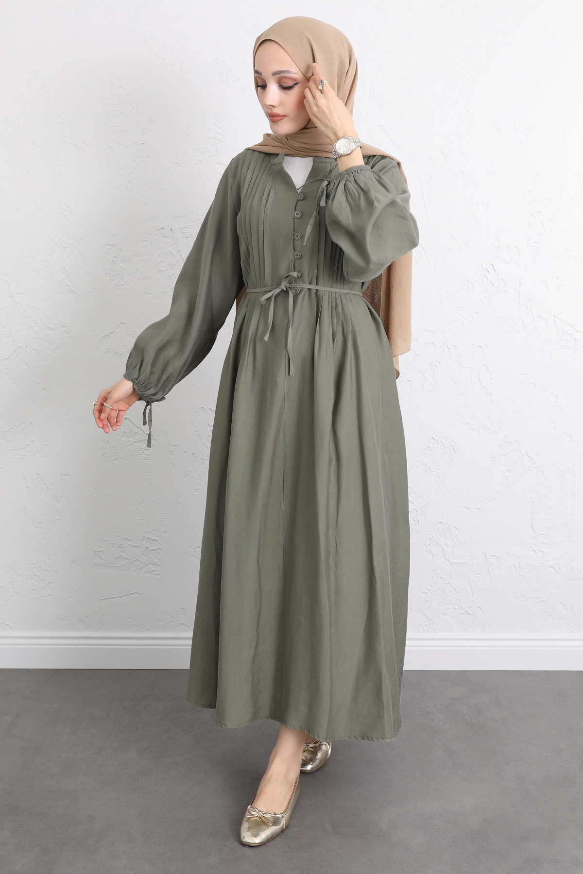 Önü Nervürlü Elbise Y0094 - HAKİ |  