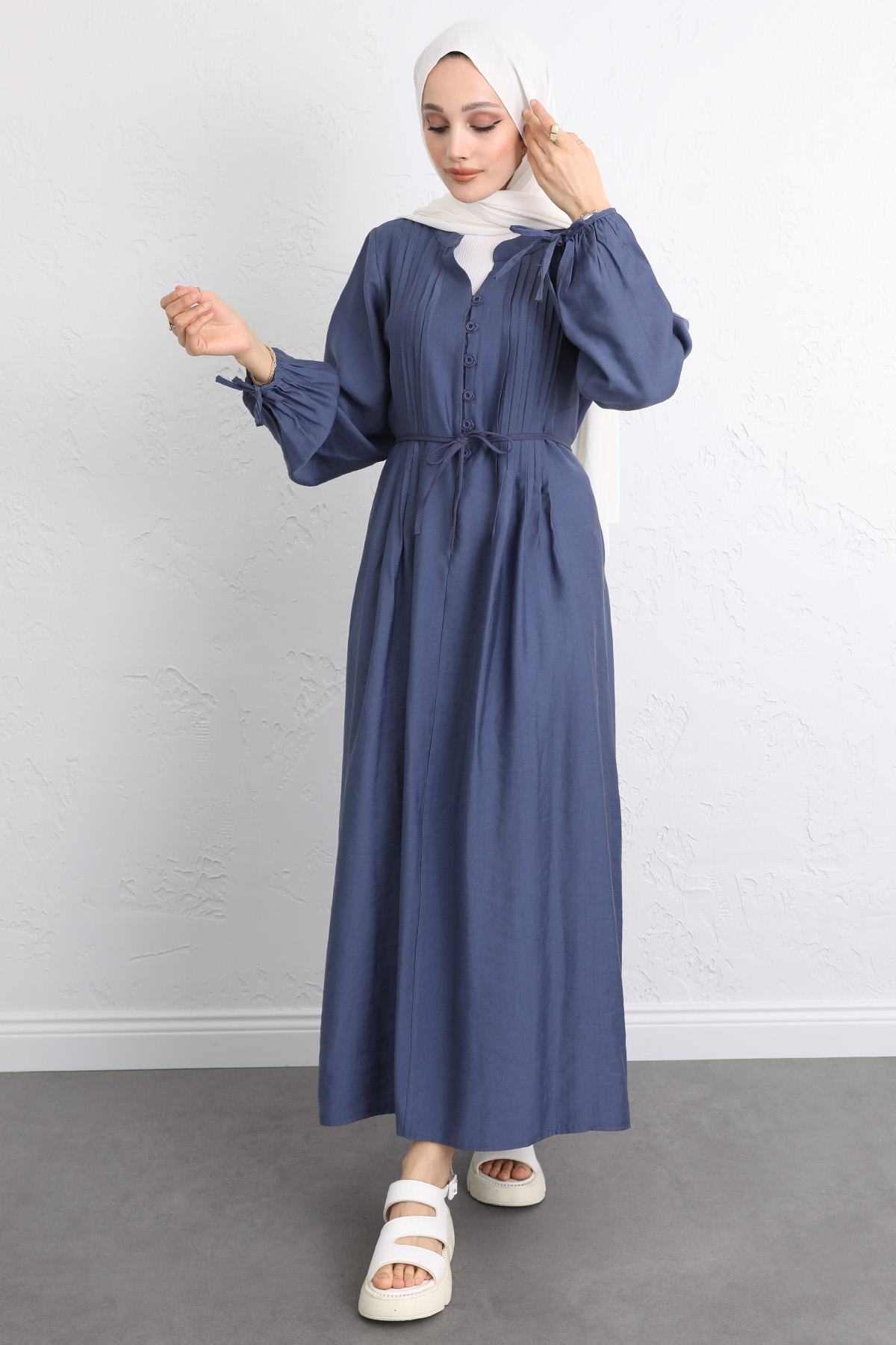 Önü Nervürlü Elbise Y0094 - İNDİGO |  