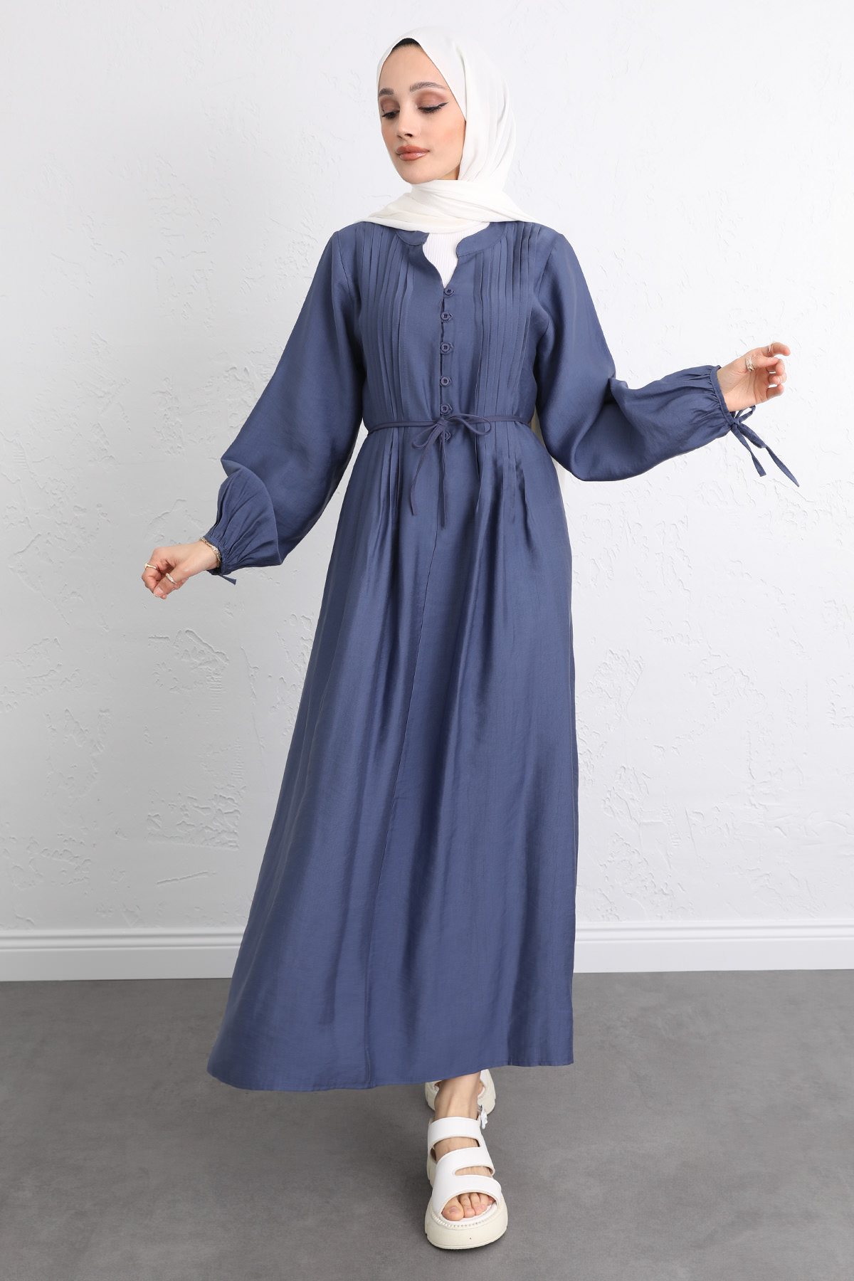 Önü Nervürlü Elbise Y0094 - İNDİGO |  
