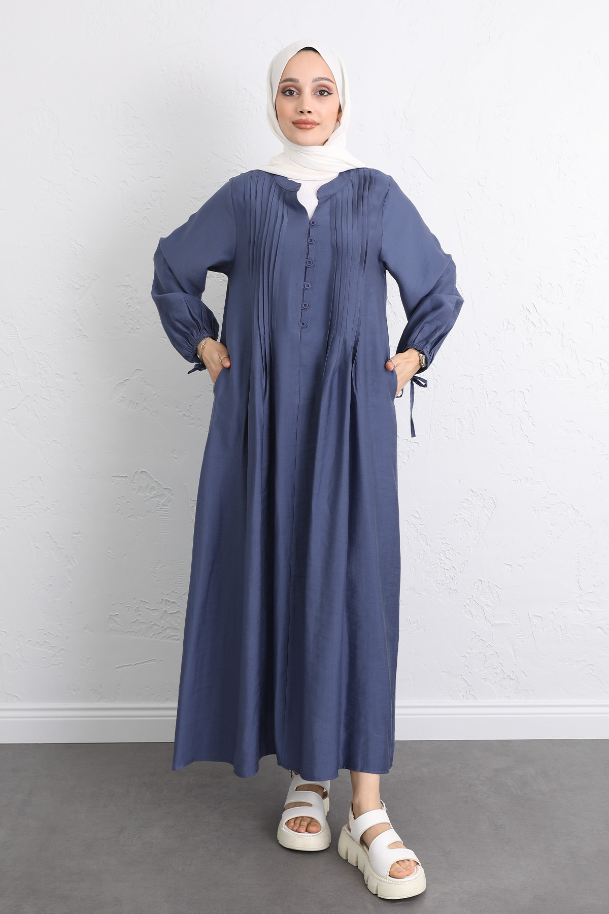 Önü Nervürlü Elbise Y0094 - İNDİGO |  