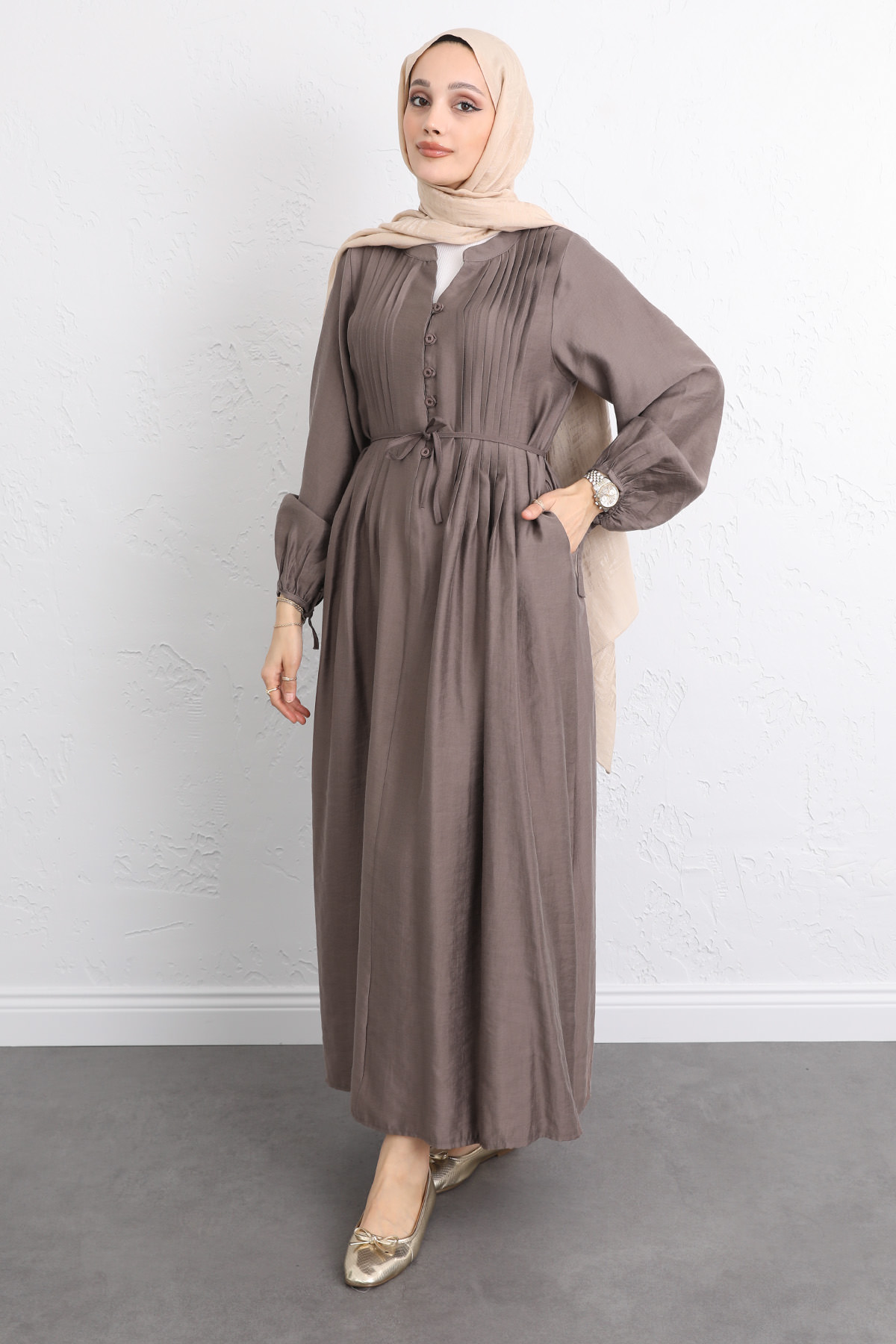 Önü Nervürlü Elbise Y0094 - KAHVERENGİ |  