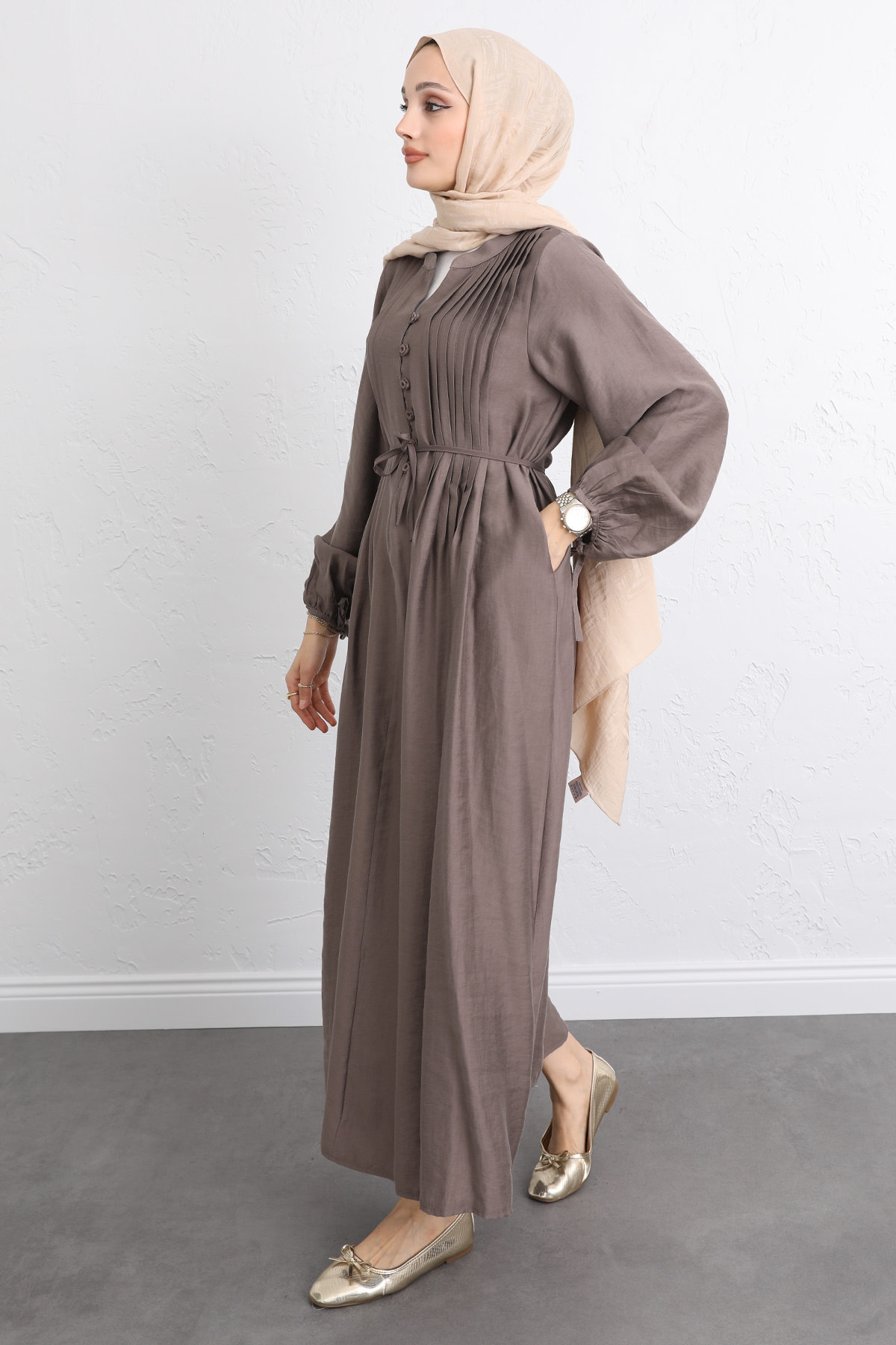 Önü Nervürlü Elbise Y0094 - KAHVERENGİ |  