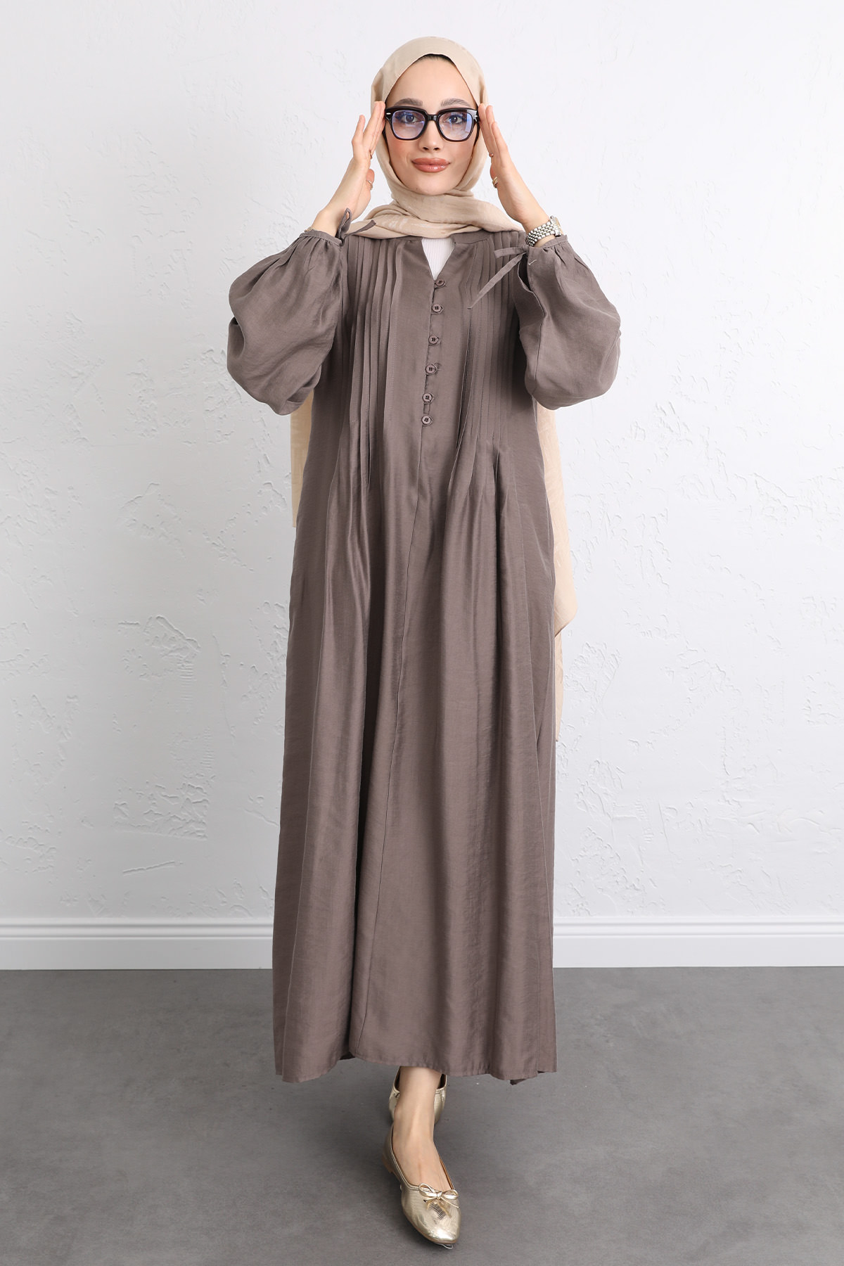 Önü Nervürlü Elbise Y0094 - KAHVERENGİ |  