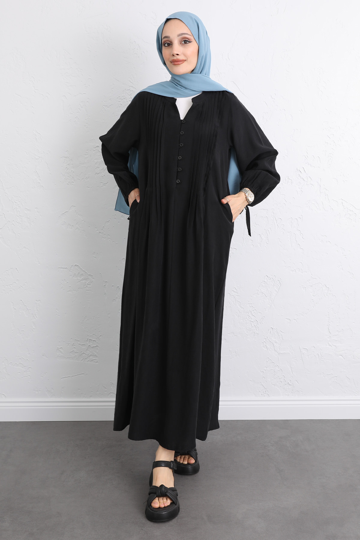 Önü Nervürlü Elbise Y0094 - SİYAH |  