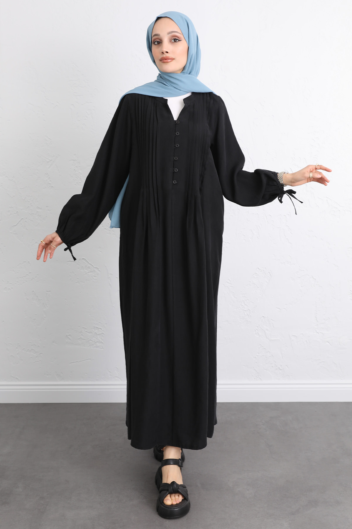 Önü Nervürlü Elbise Y0094 - SİYAH |  