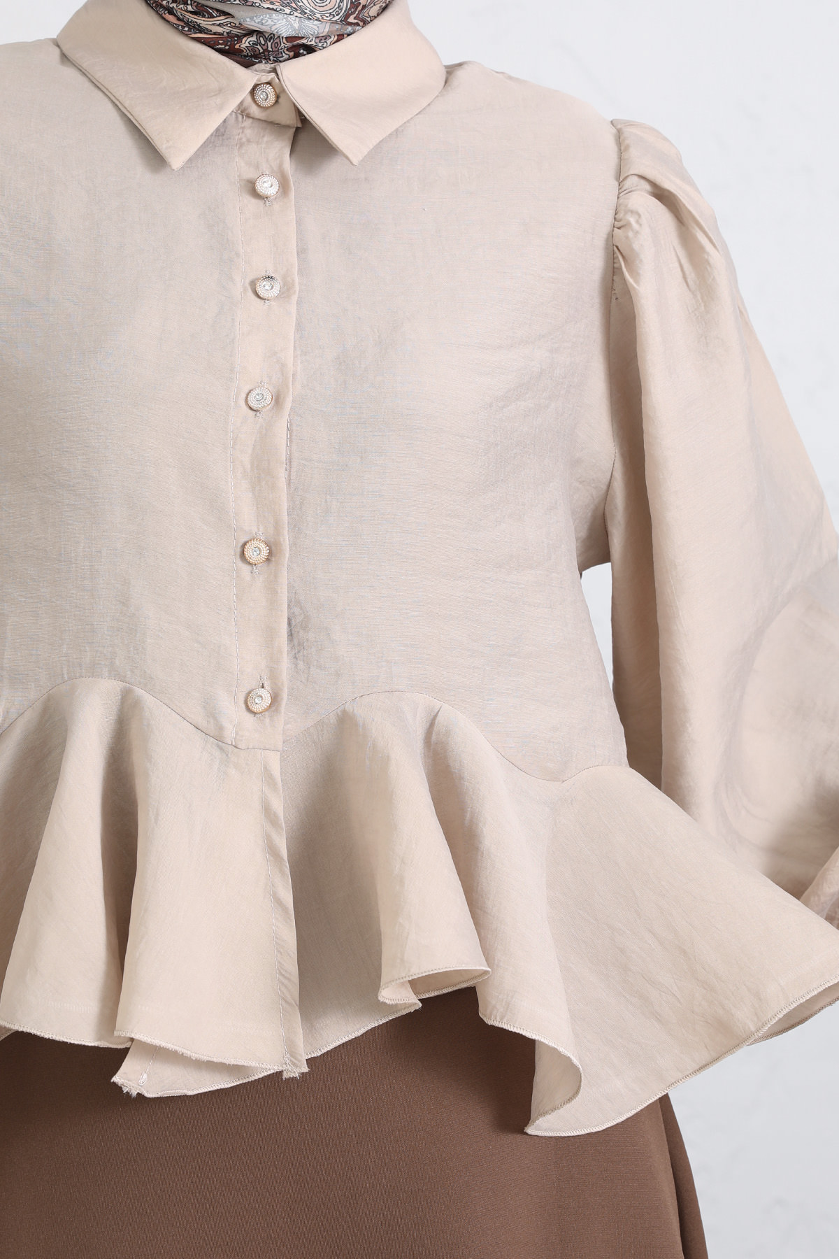 Volan Detaylı Balon Kol Gömlek Y0095 - BEJ |  