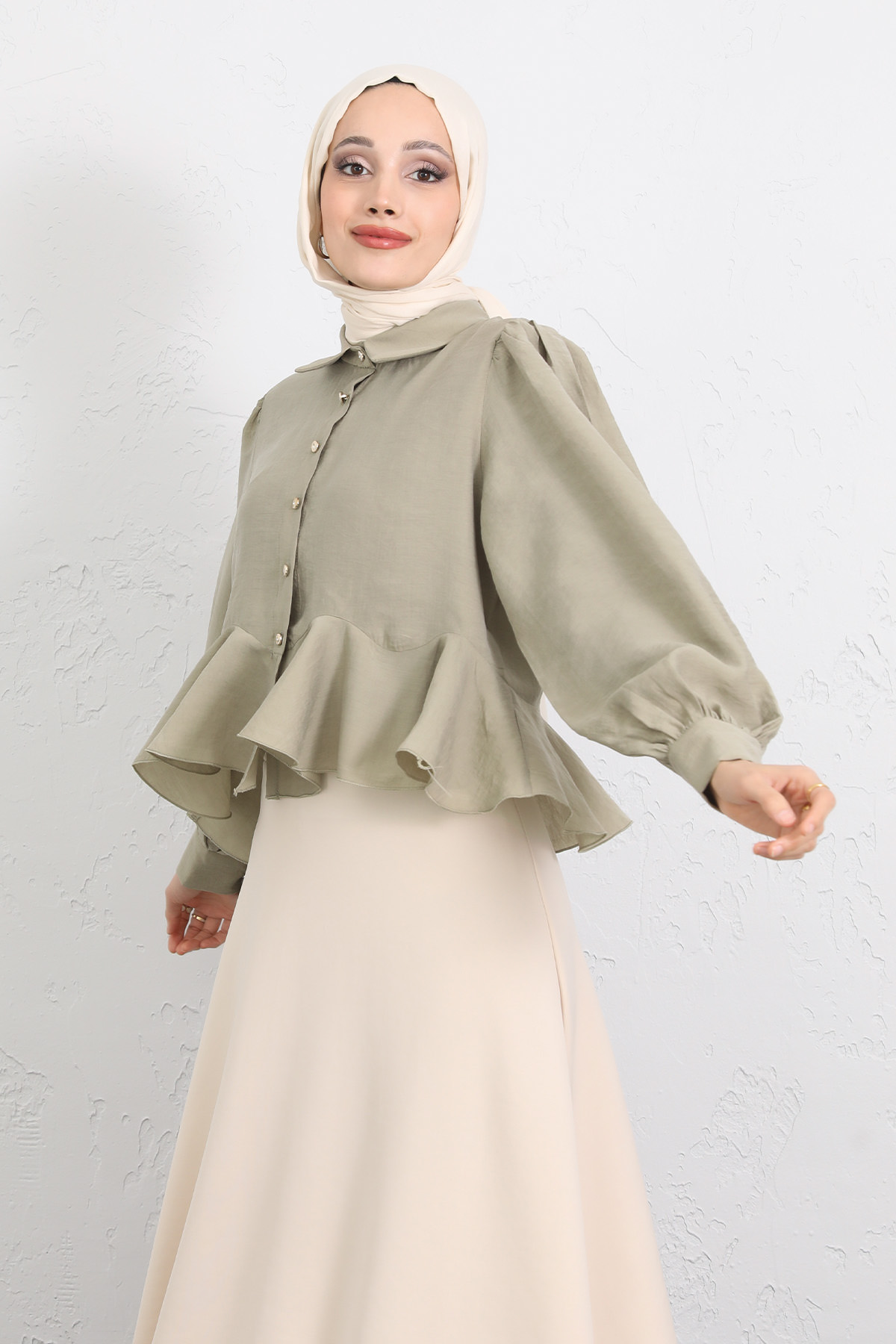 Volan Detaylı Balon Kol Gömlek Y0095 - AÇIK HAKİ |  