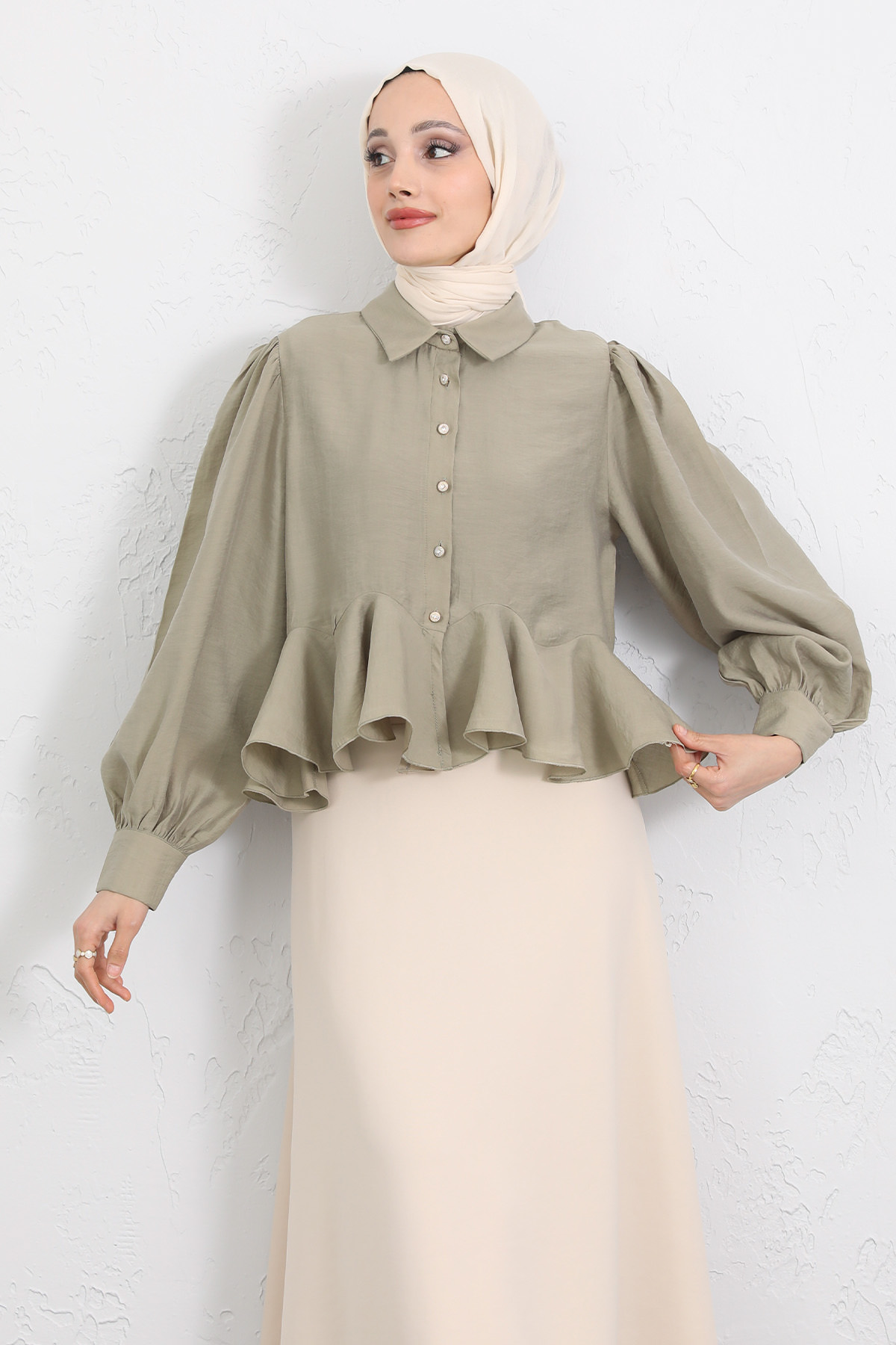 Volan Detaylı Balon Kol Gömlek Y0095 - AÇIK HAKİ |  