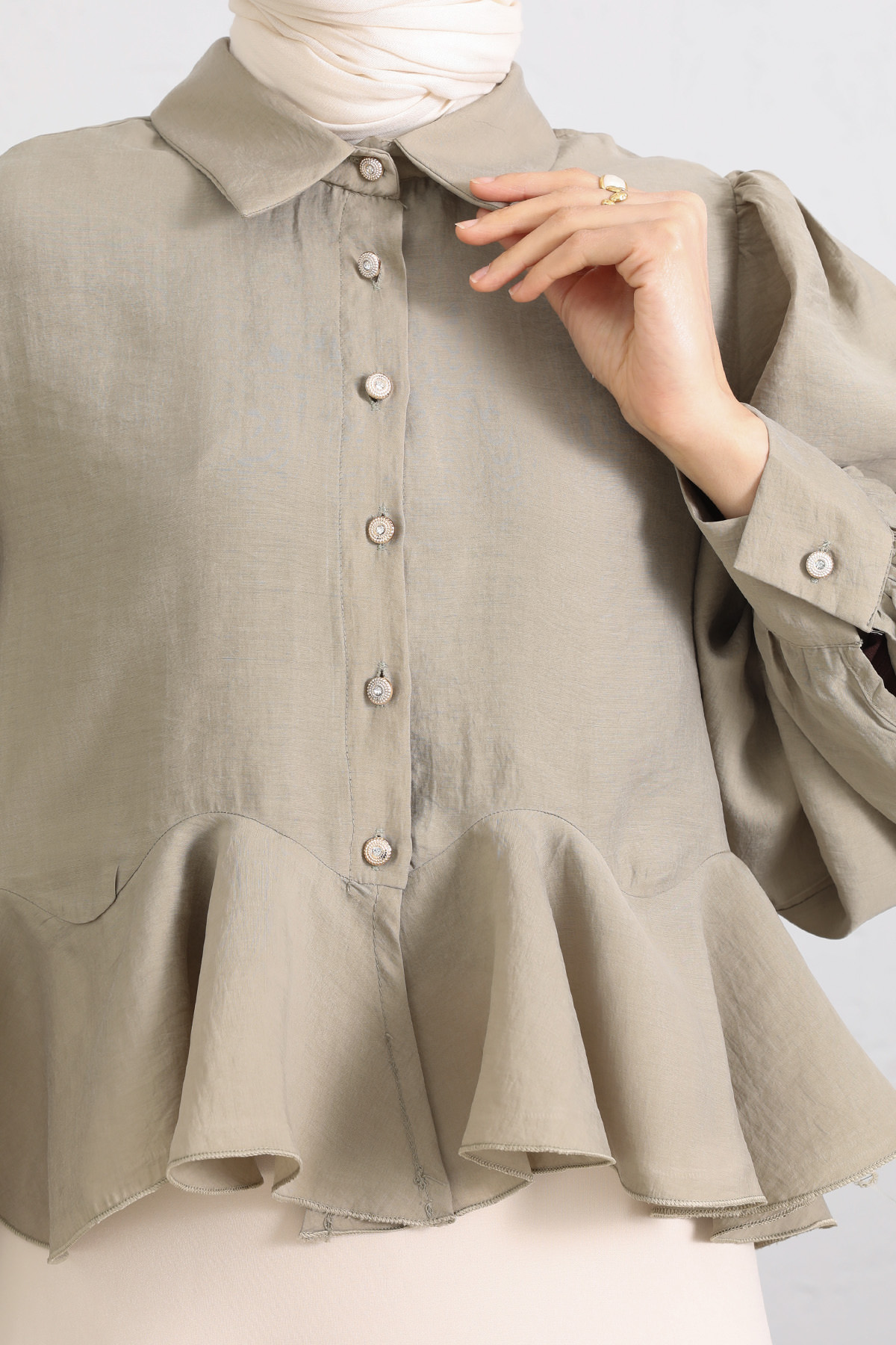 Volan Detaylı Balon Kol Gömlek Y0095 - AÇIK HAKİ |  