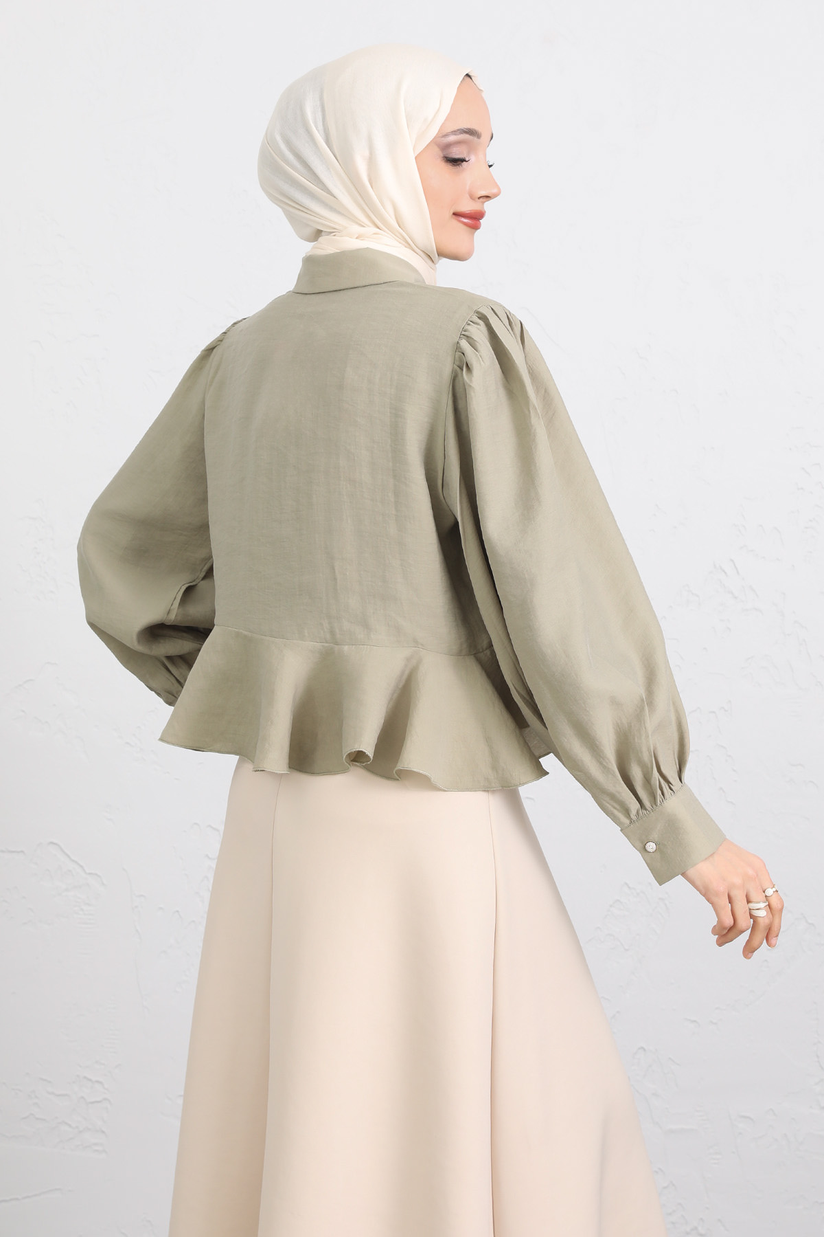 Volan Detaylı Balon Kol Gömlek Y0095 - AÇIK HAKİ |  