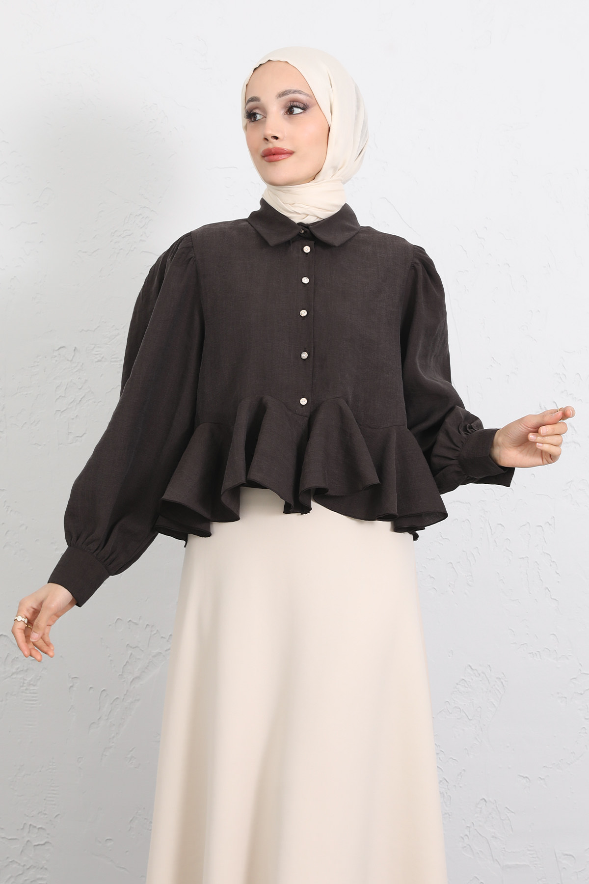 Volan Detaylı Balon Kol Gömlek Y0095 - KAHVERENGİ |  