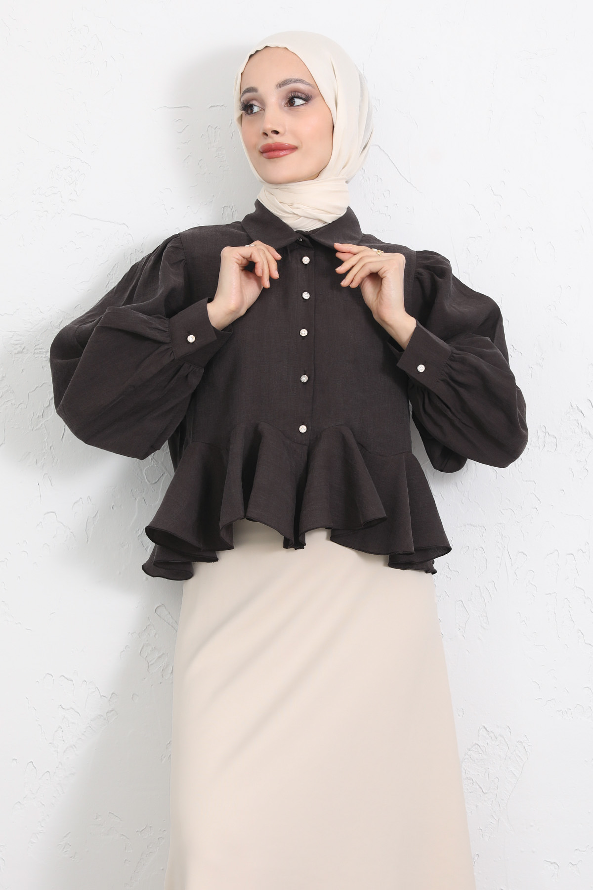 Volan Detaylı Balon Kol Gömlek Y0095 - KAHVERENGİ |  