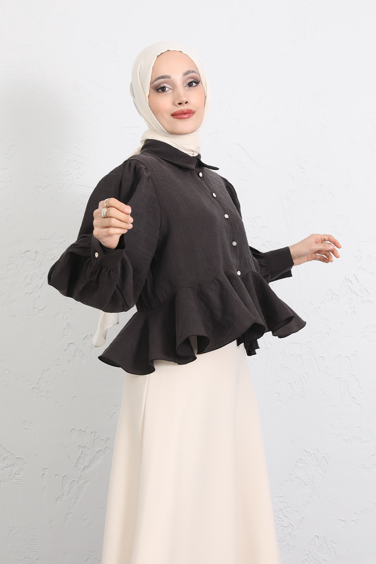 Volan Detaylı Balon Kol Gömlek Y0095 - KAHVERENGİ |  