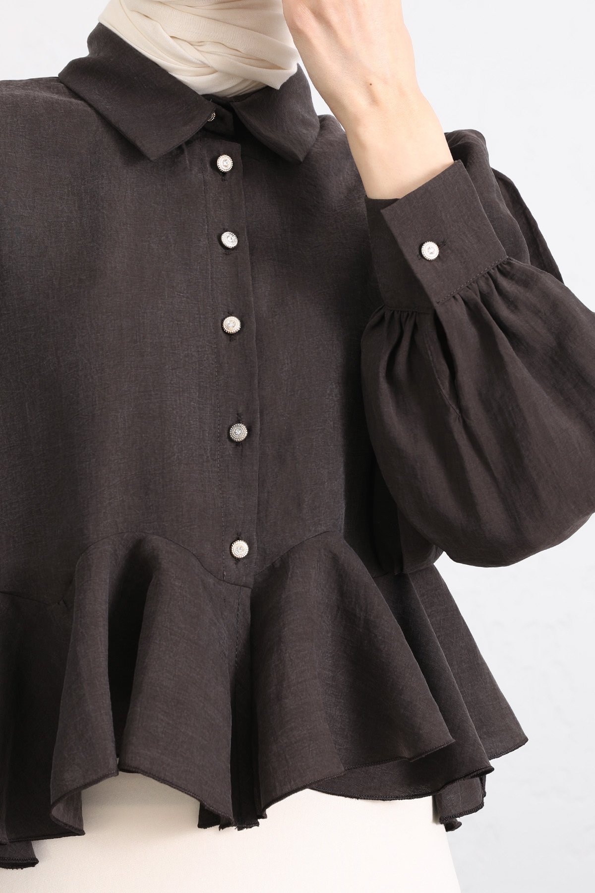 Volan Detaylı Balon Kol Gömlek Y0095 - KAHVERENGİ |  