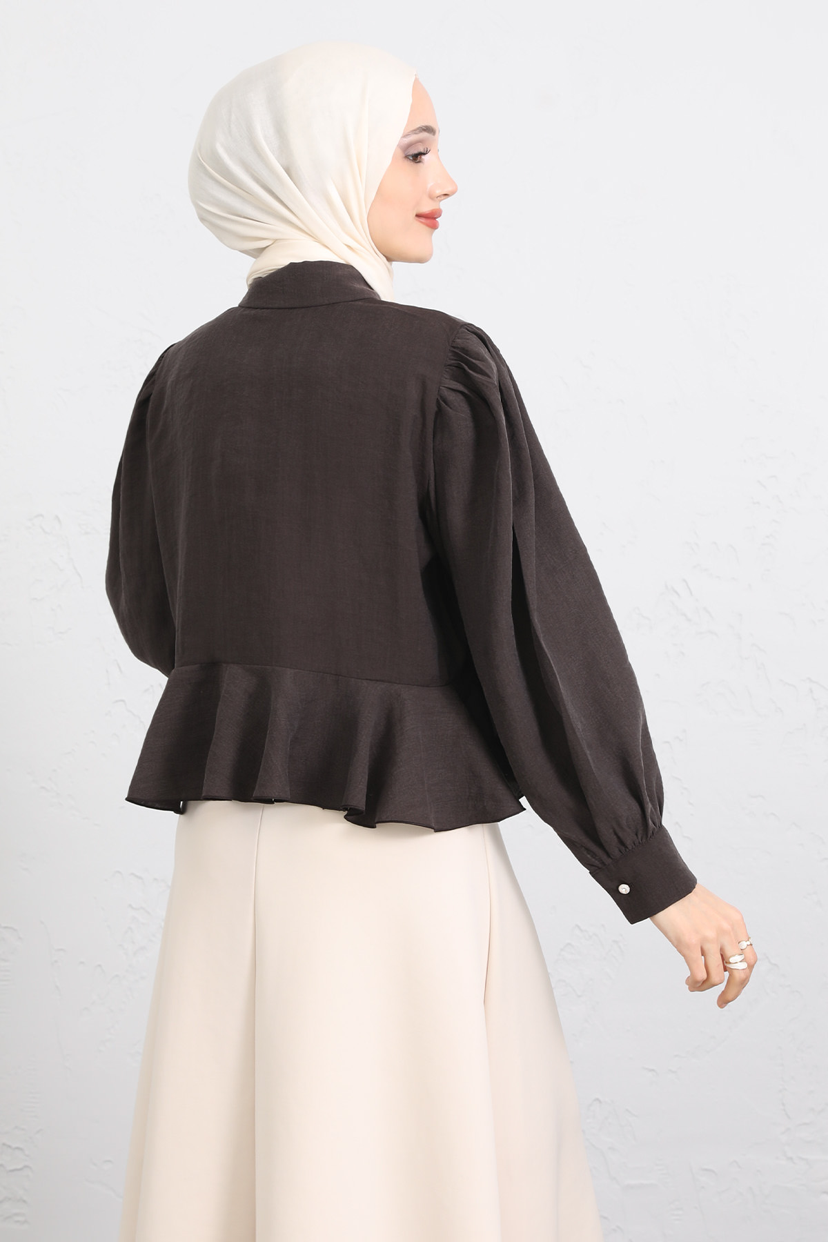 Volan Detaylı Balon Kol Gömlek Y0095 - KAHVERENGİ |  