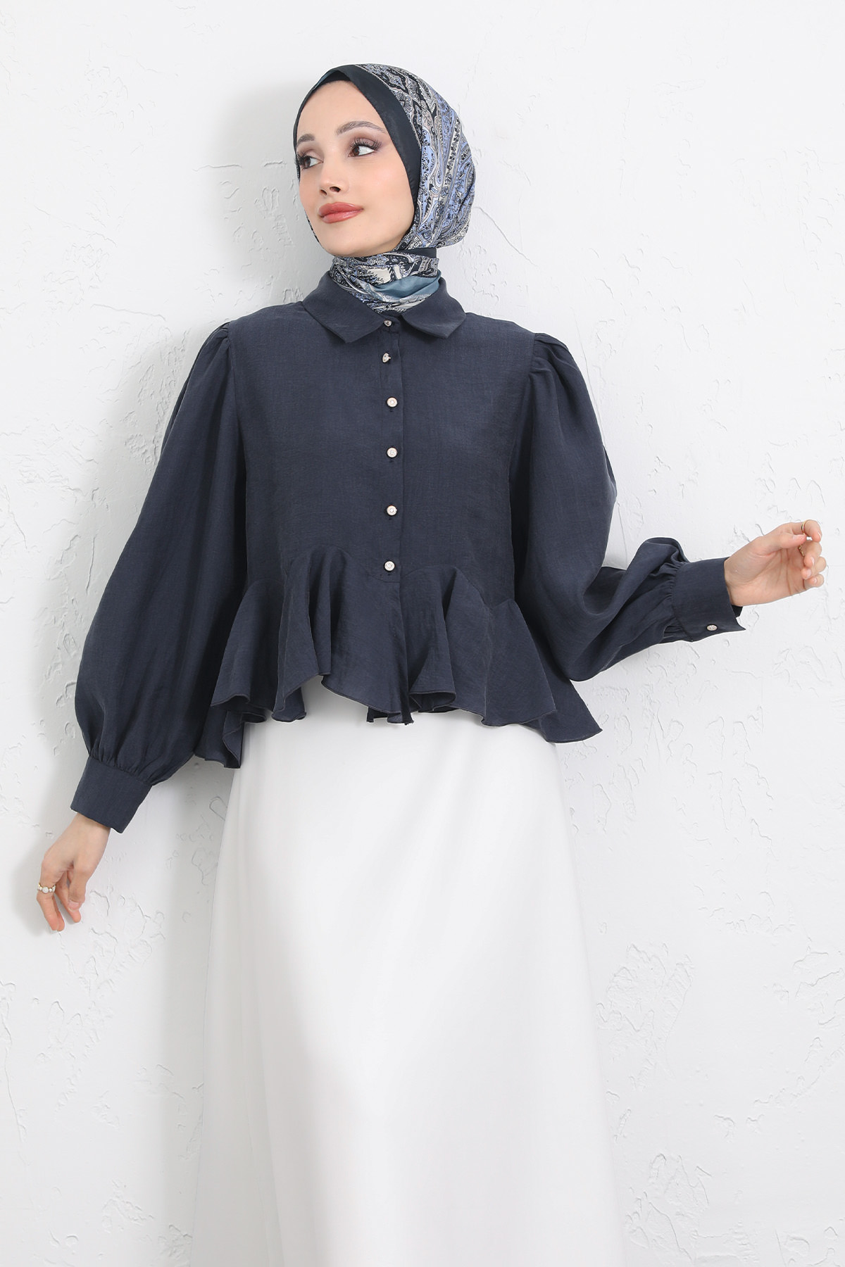 Volan Detaylı Balon Kol Gömlek Y0095 - LACİVERT |  