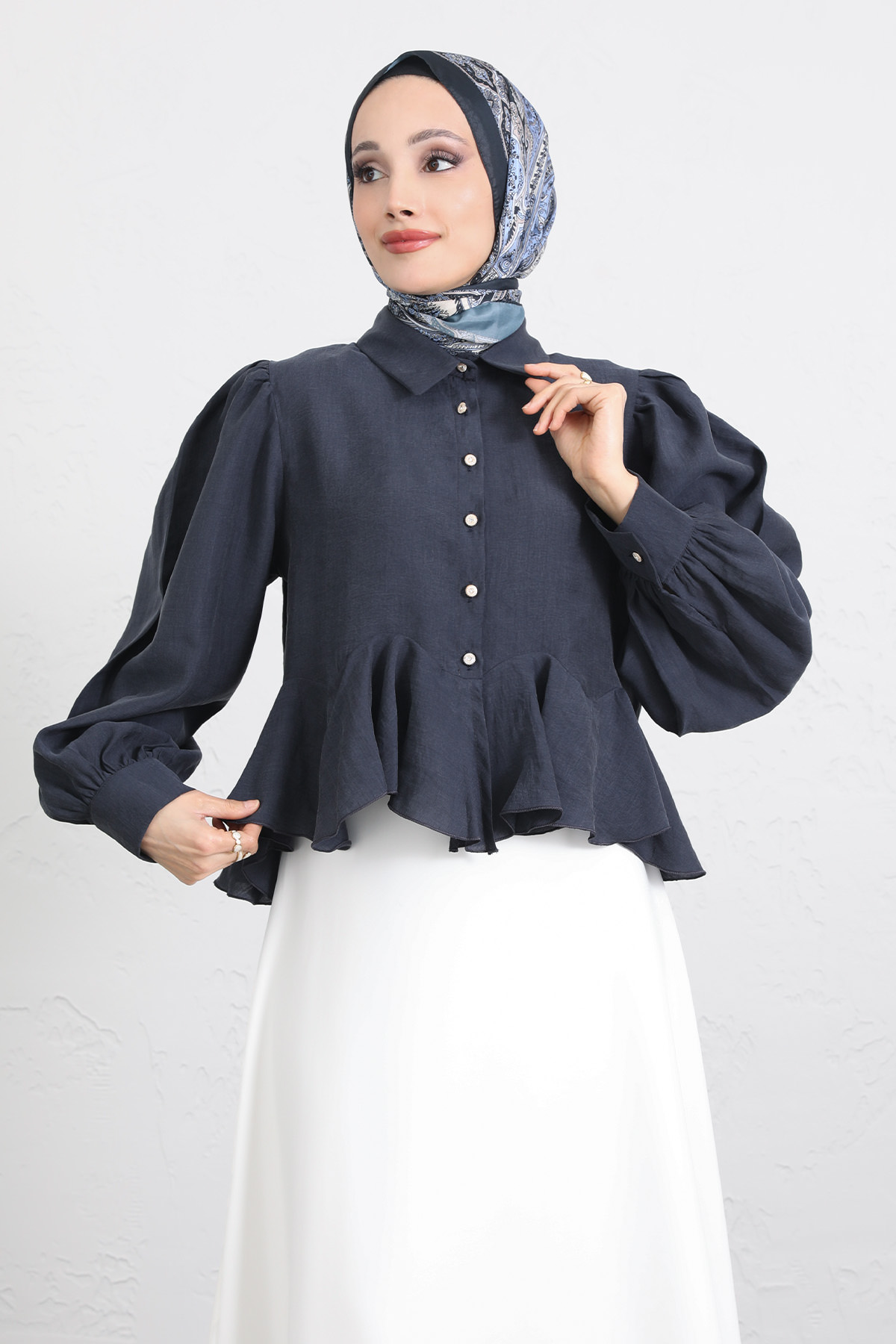 Volan Detaylı Balon Kol Gömlek Y0095 - LACİVERT |  