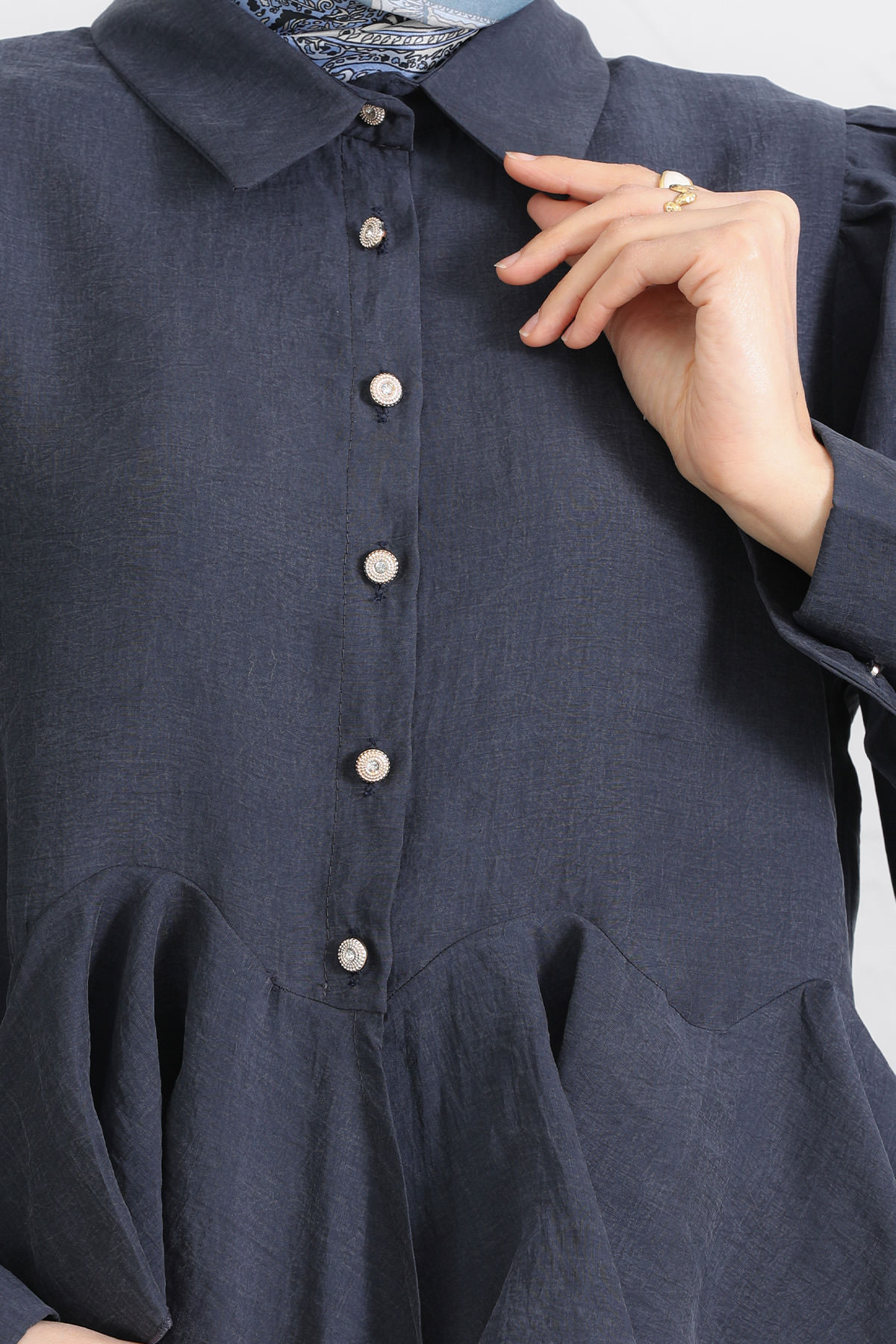 Volan Detaylı Balon Kol Gömlek Y0095 - LACİVERT |  