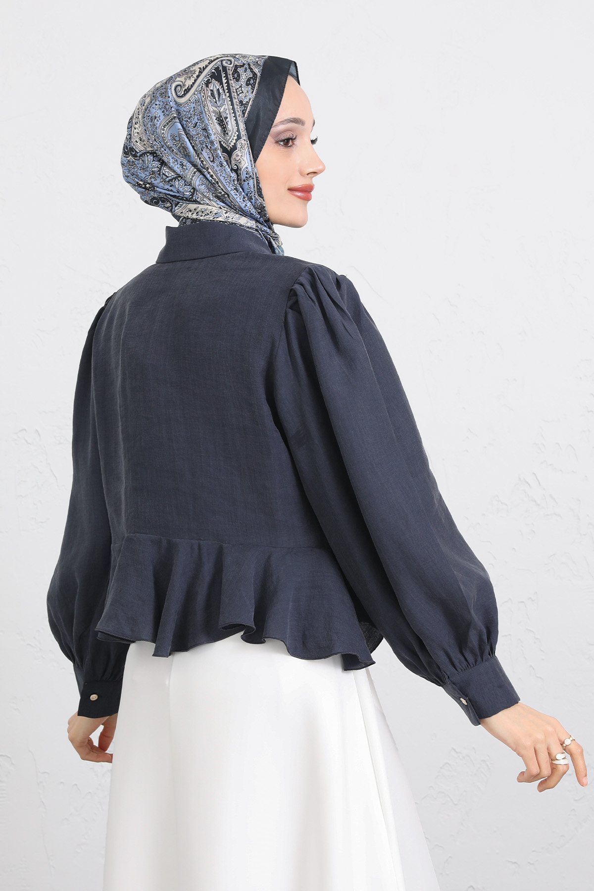 Volan Detaylı Balon Kol Gömlek Y0095 - LACİVERT |  