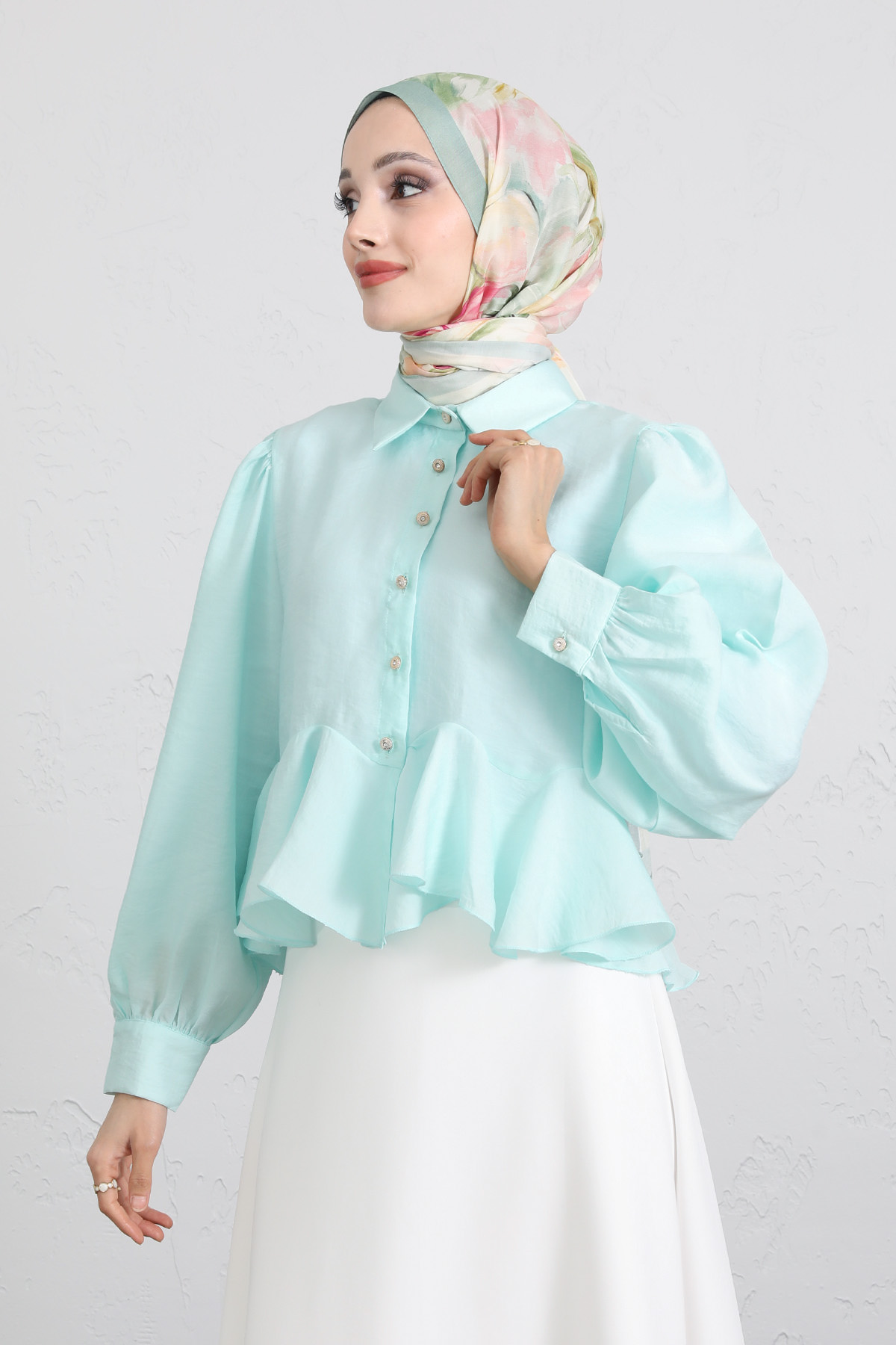 Volan Detaylı Balon Kol Gömlek Y0095 - MİNT YEŞİLİ |  