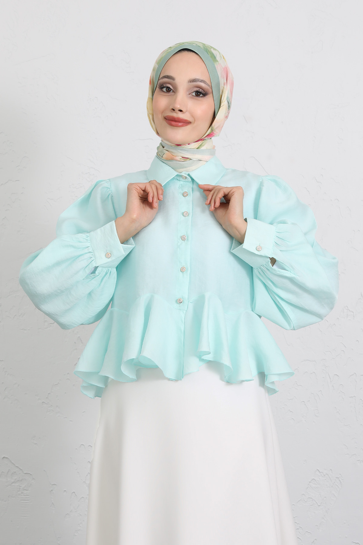 Volan Detaylı Balon Kol Gömlek Y0095 - MİNT YEŞİLİ |  