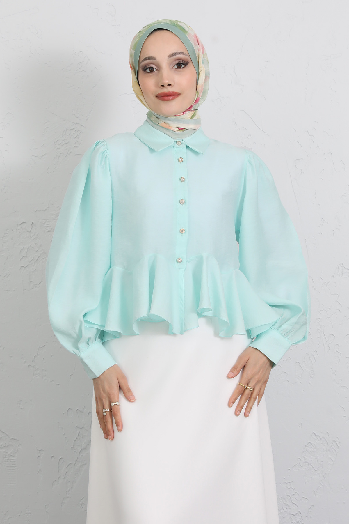 Volan Detaylı Balon Kol Gömlek Y0095 - MİNT YEŞİLİ |  