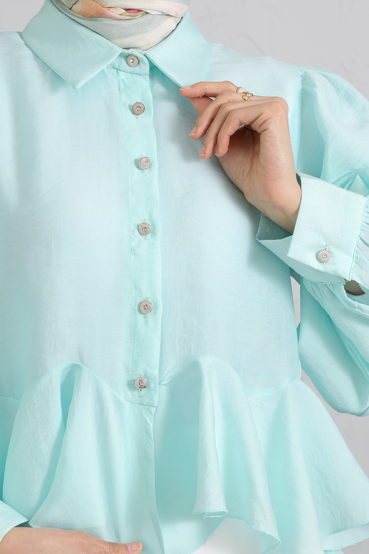 Volan Detaylı Balon Kol Gömlek Y0095 - MİNT YEŞİLİ |  