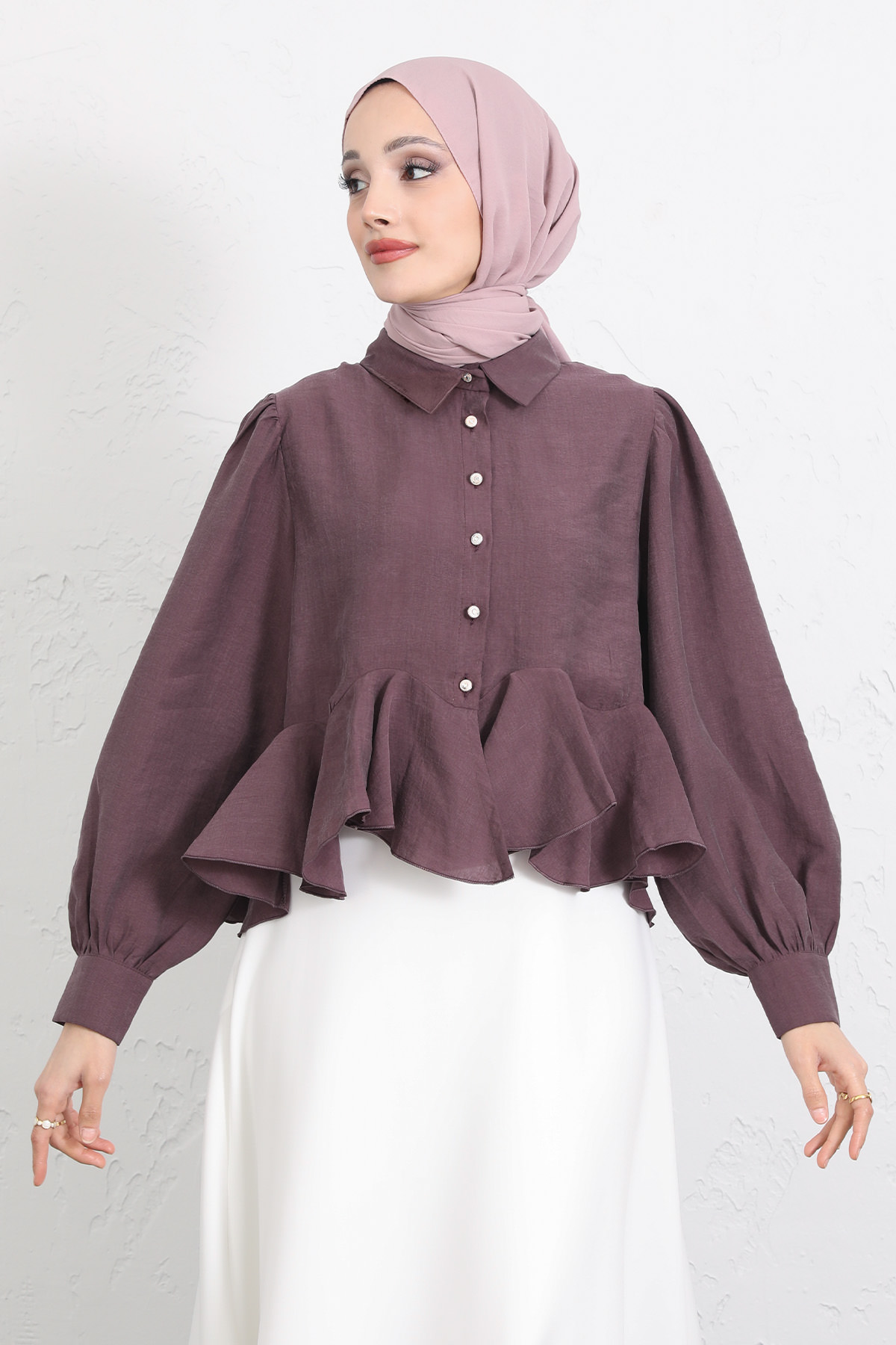Volan Detaylı Balon Kol Gömlek Y0095 - MÜRDÜM |  